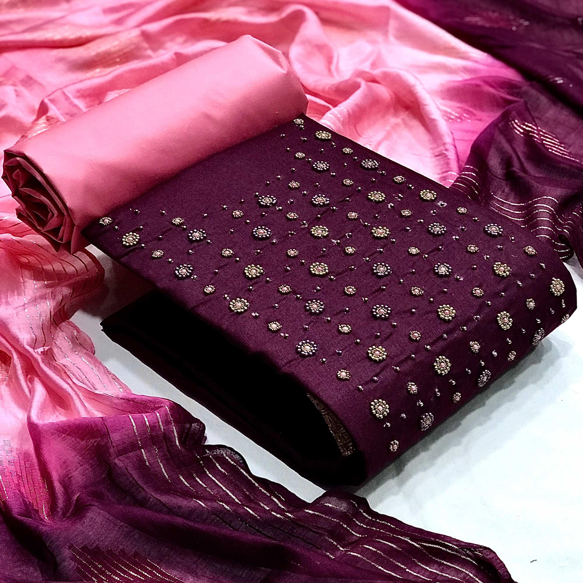 Wine Casual Wear Beads Handwork Pure Cotton Dress Material - Peachmode