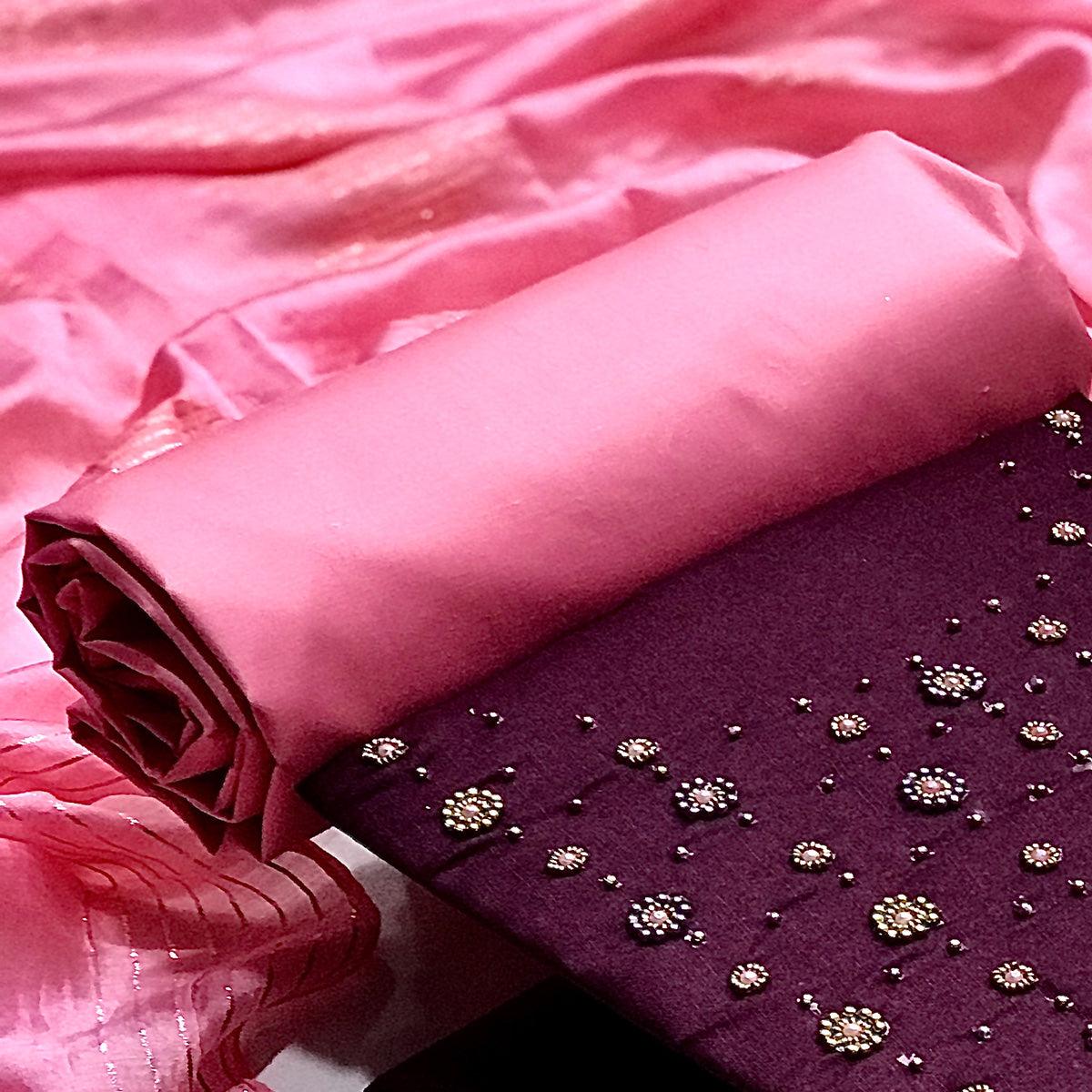 Wine Casual Wear Beads Handwork Pure Cotton Dress Material - Peachmode