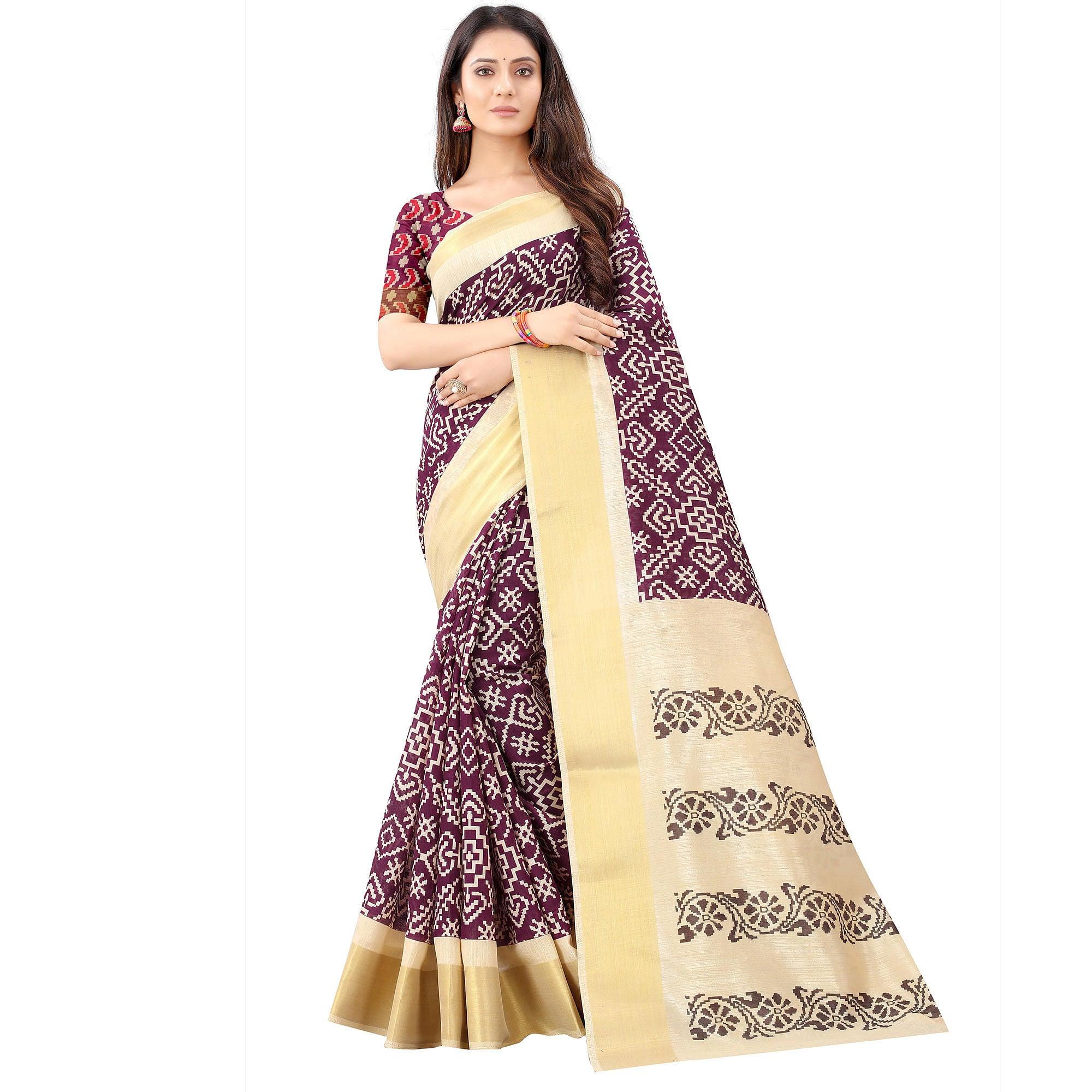 Wine Casual Wear Designer Hand Block Printed Cotton Linen Saree - Peachmode