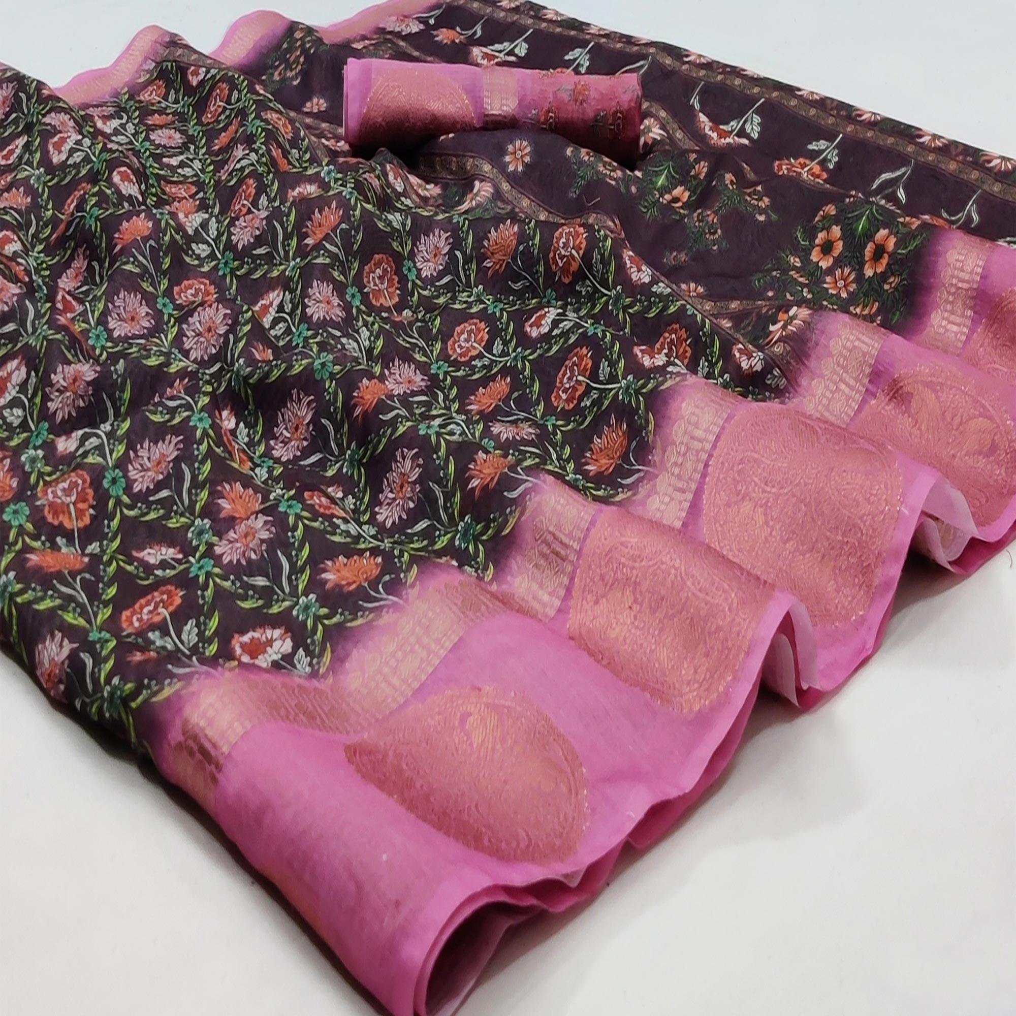 Wine Casual Wear Digital Printed Linen Saree Woven Border - Peachmode