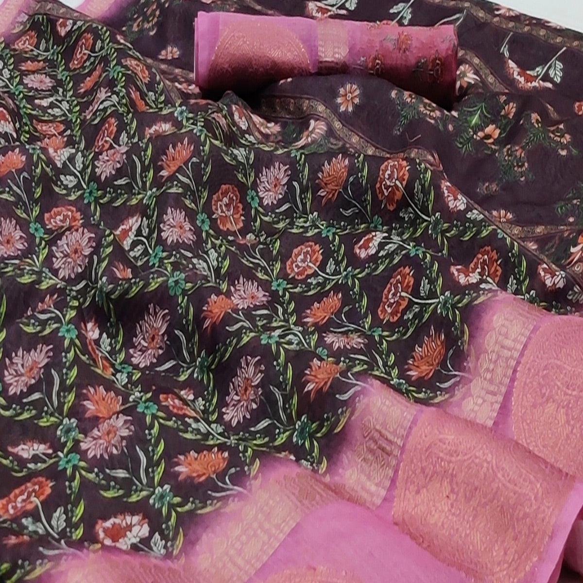 Wine Casual Wear Digital Printed Linen Saree Woven Border - Peachmode