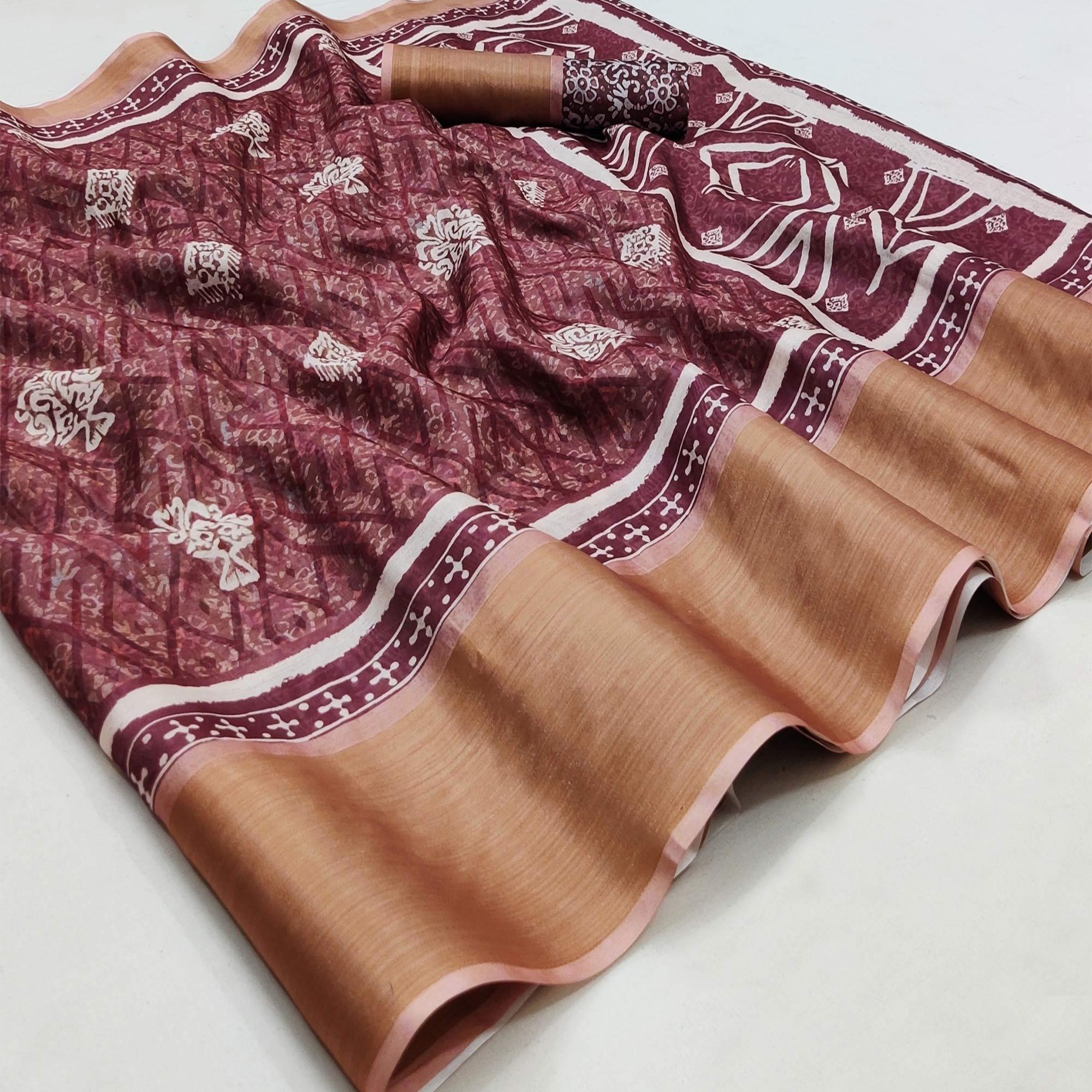 Wine Casual Wear Digital Printed Silk Saree With Zari Jacquard Border - Peachmode