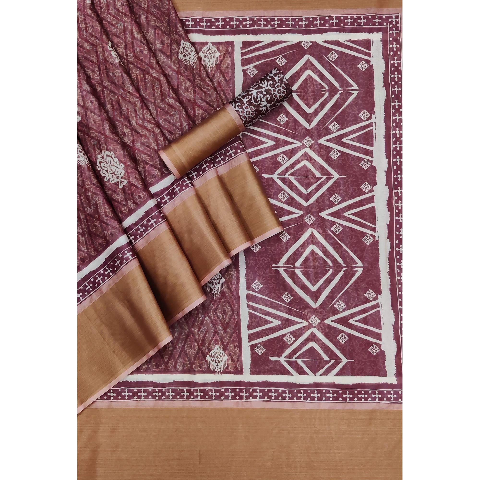 Wine Casual Wear Digital Printed Silk Saree With Zari Jacquard Border - Peachmode