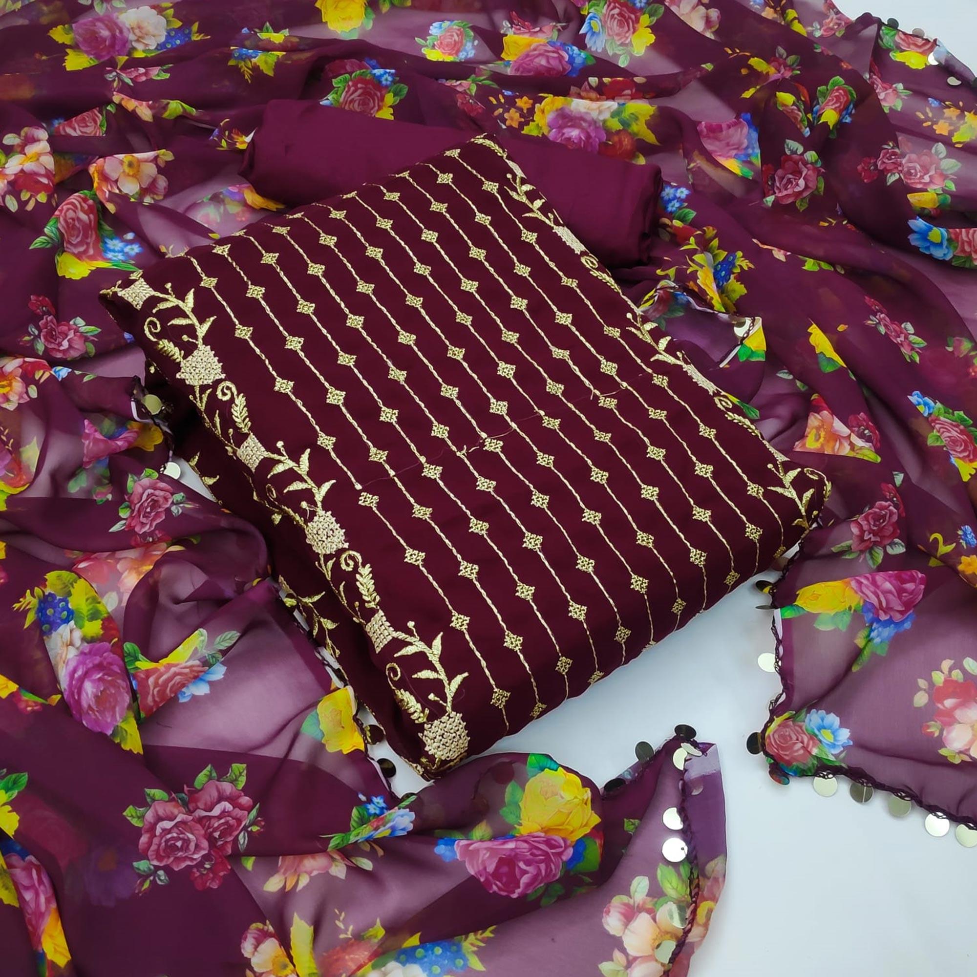 Wine Casual Wear Embroidered Georgette Dress Material - Peachmode