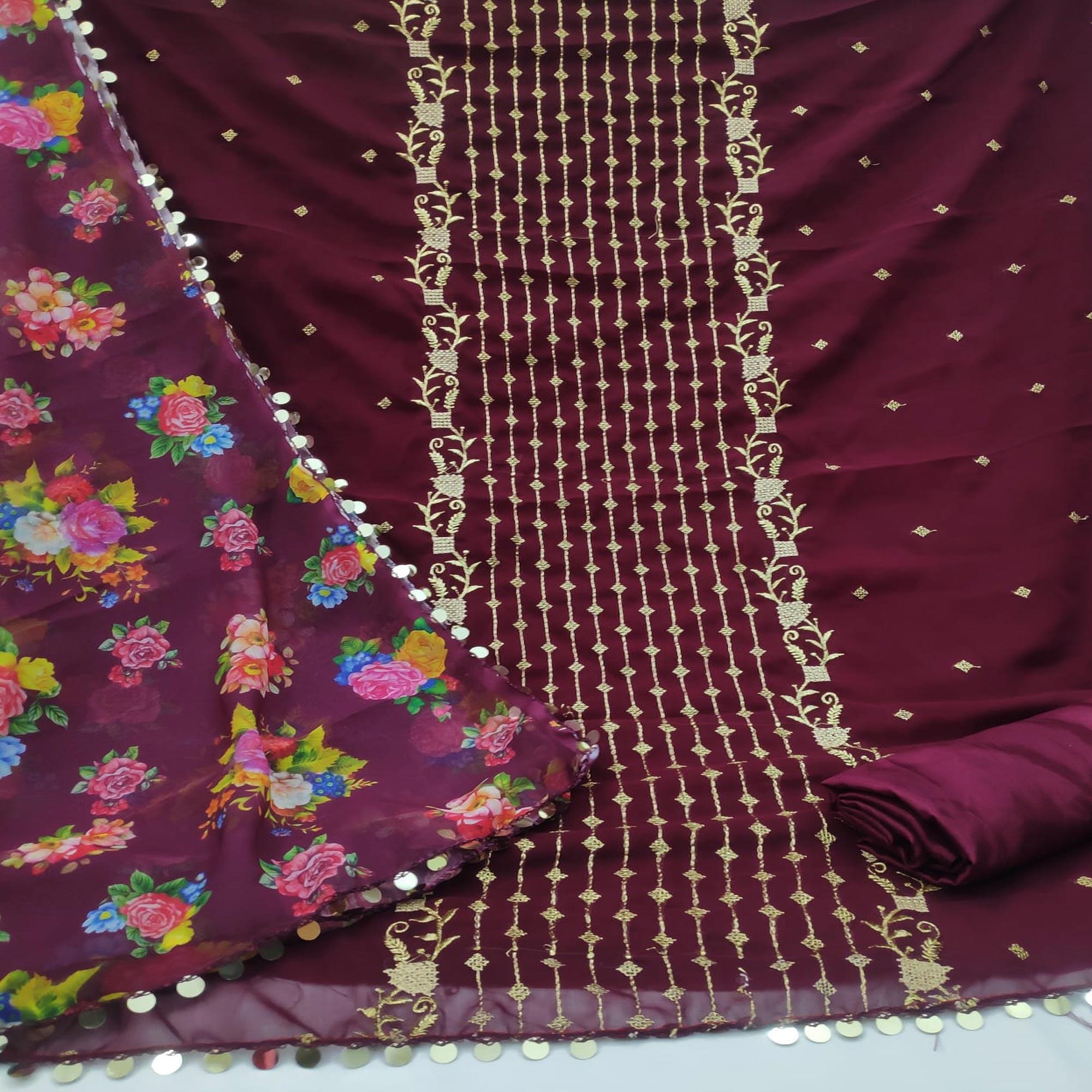 Wine Casual Wear Embroidered Georgette Dress Material - Peachmode