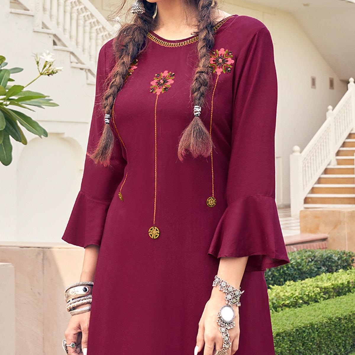 Wine Casual Wear Embroidered Heavy Rayon Kurti - Palazzo Set - Peachmode