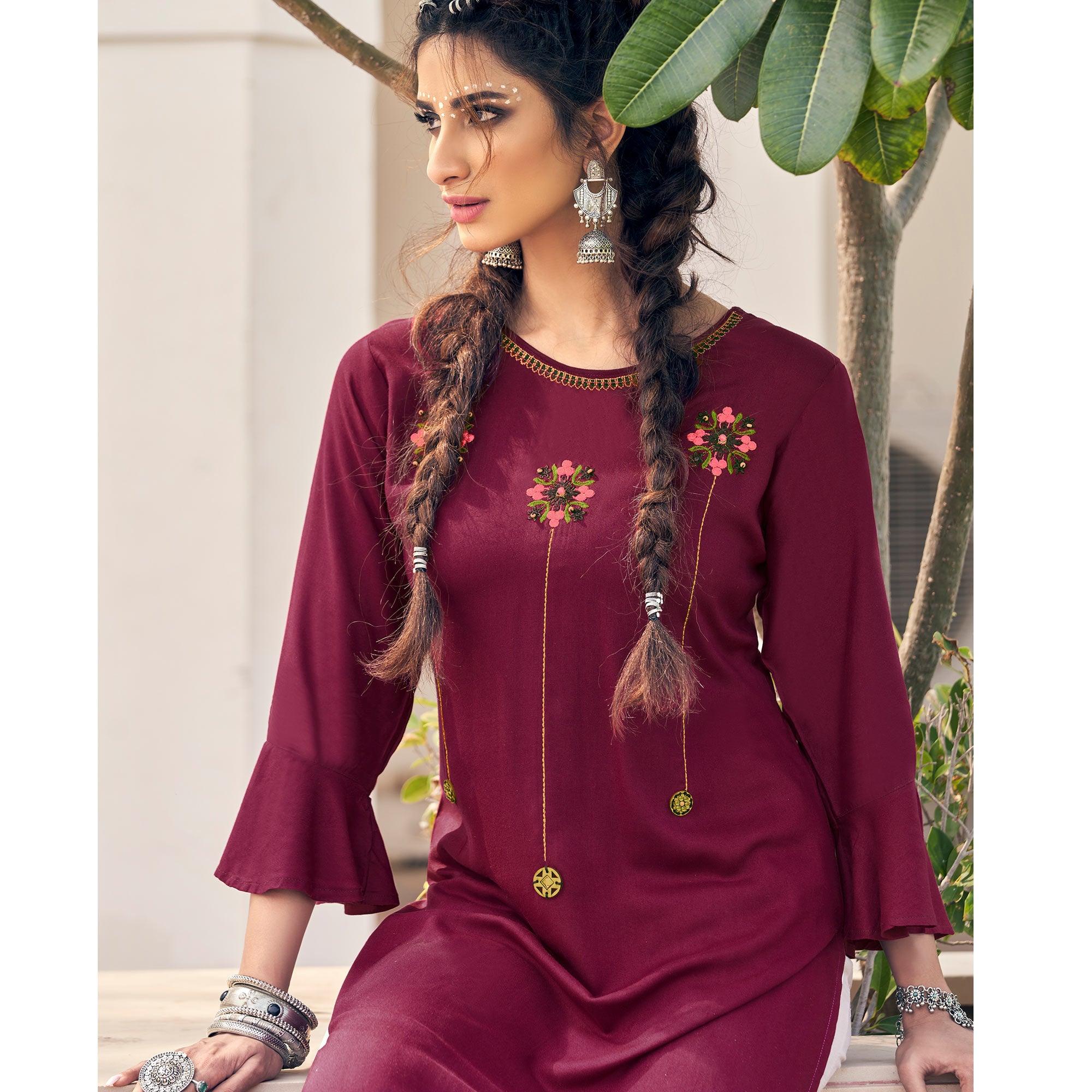 Wine Casual Wear Embroidered Heavy Rayon Kurti - Palazzo Set - Peachmode