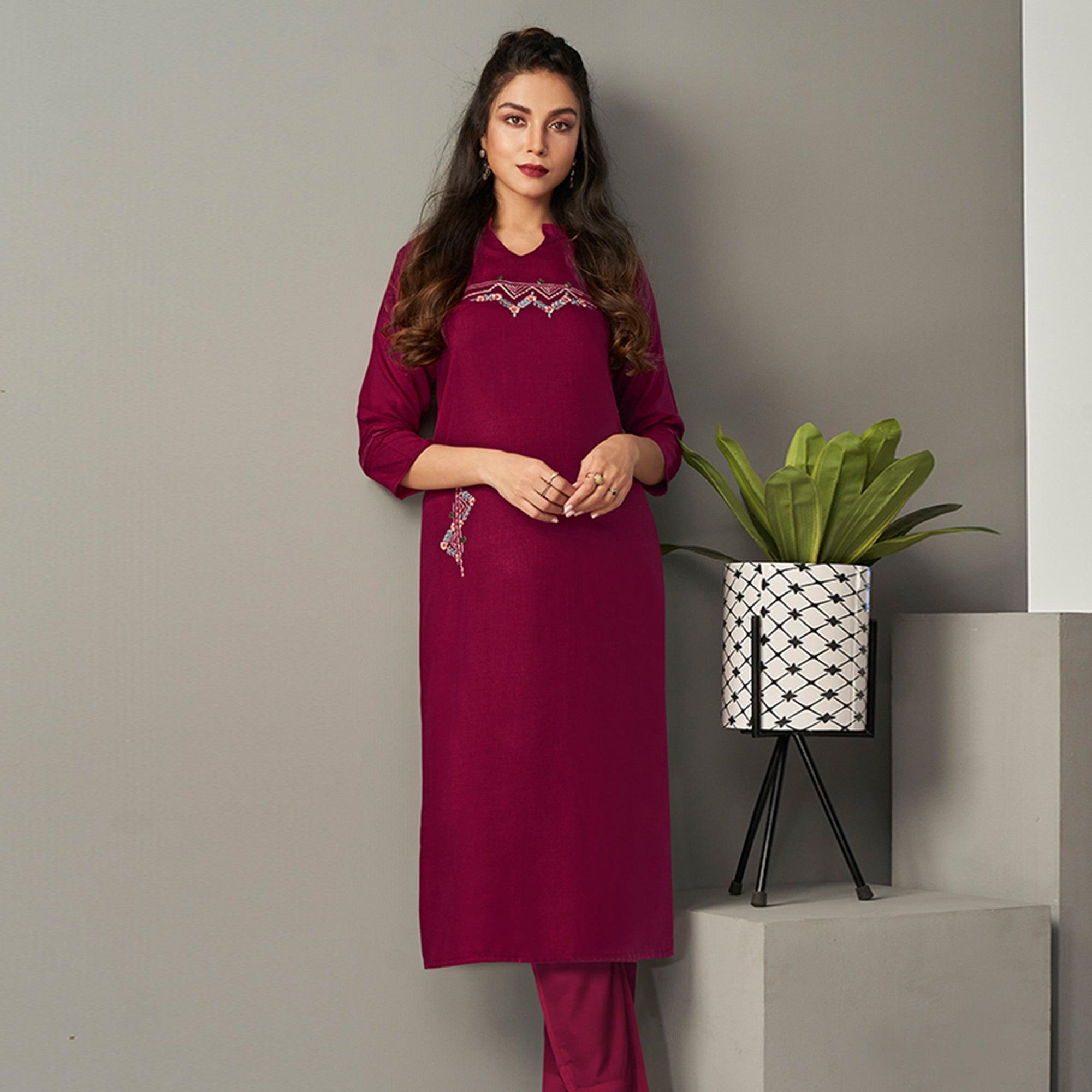 Wine Casual Wear Embroidered Pure Viscose Kurti - Peachmode
