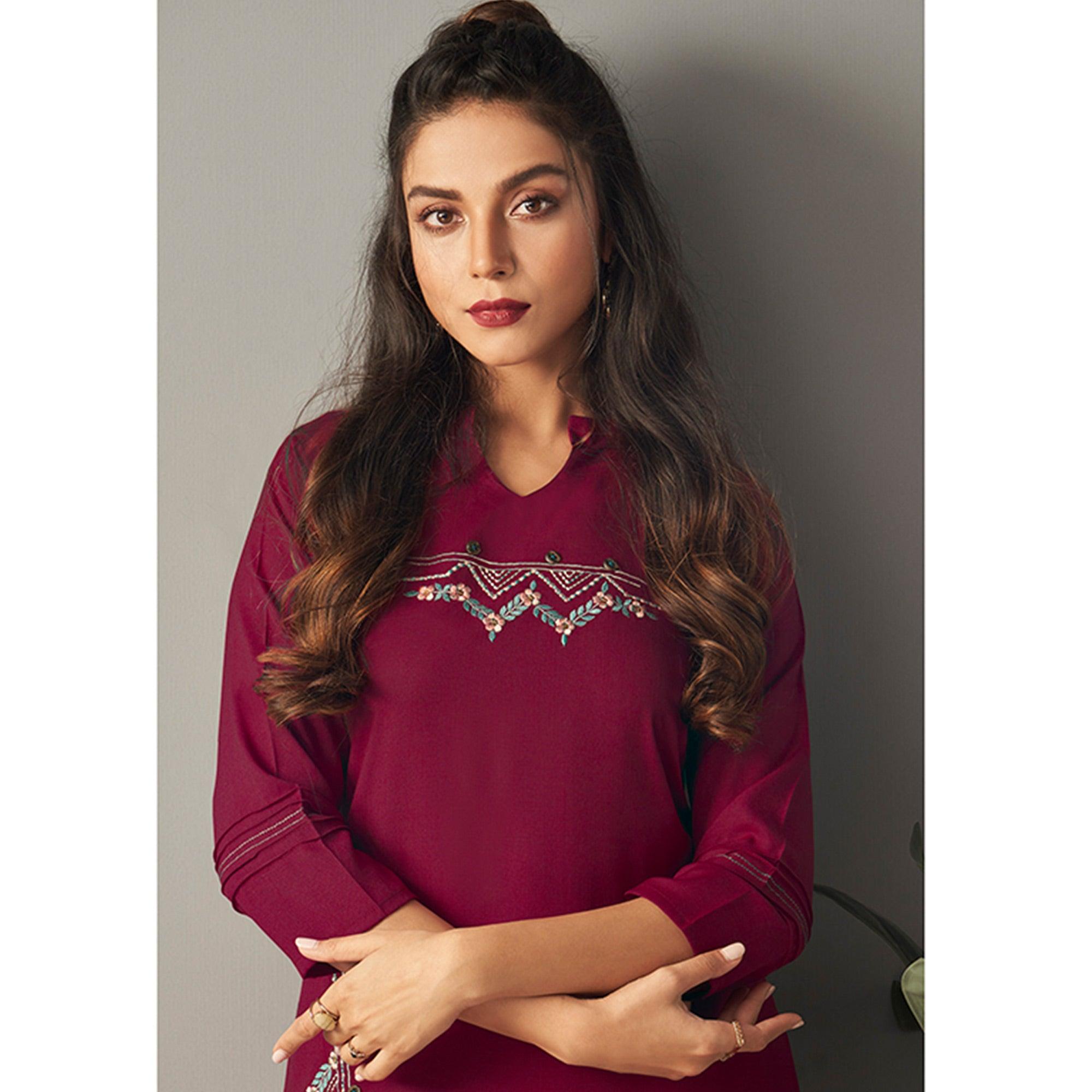 Wine Casual Wear Embroidered Pure Viscose Kurti - Peachmode