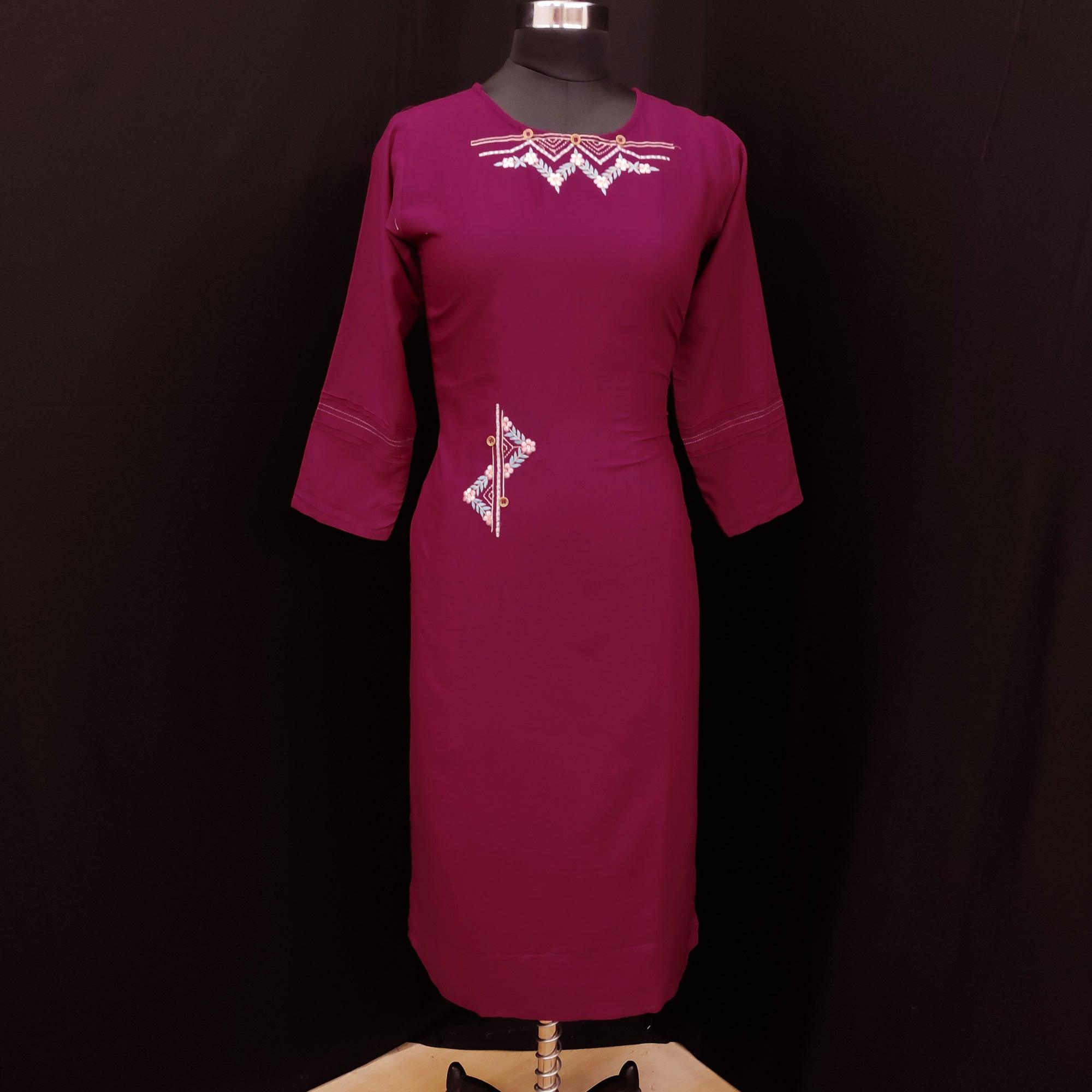 Wine Casual Wear Embroidered Pure Viscose Kurti - Peachmode