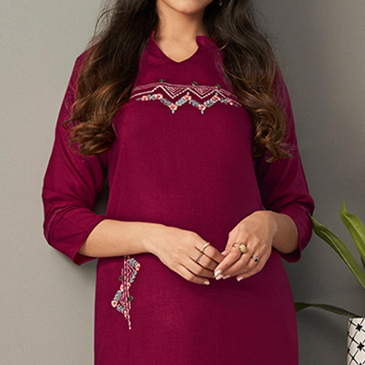 Wine Casual Wear Embroidered Pure Viscose Kurti - Peachmode