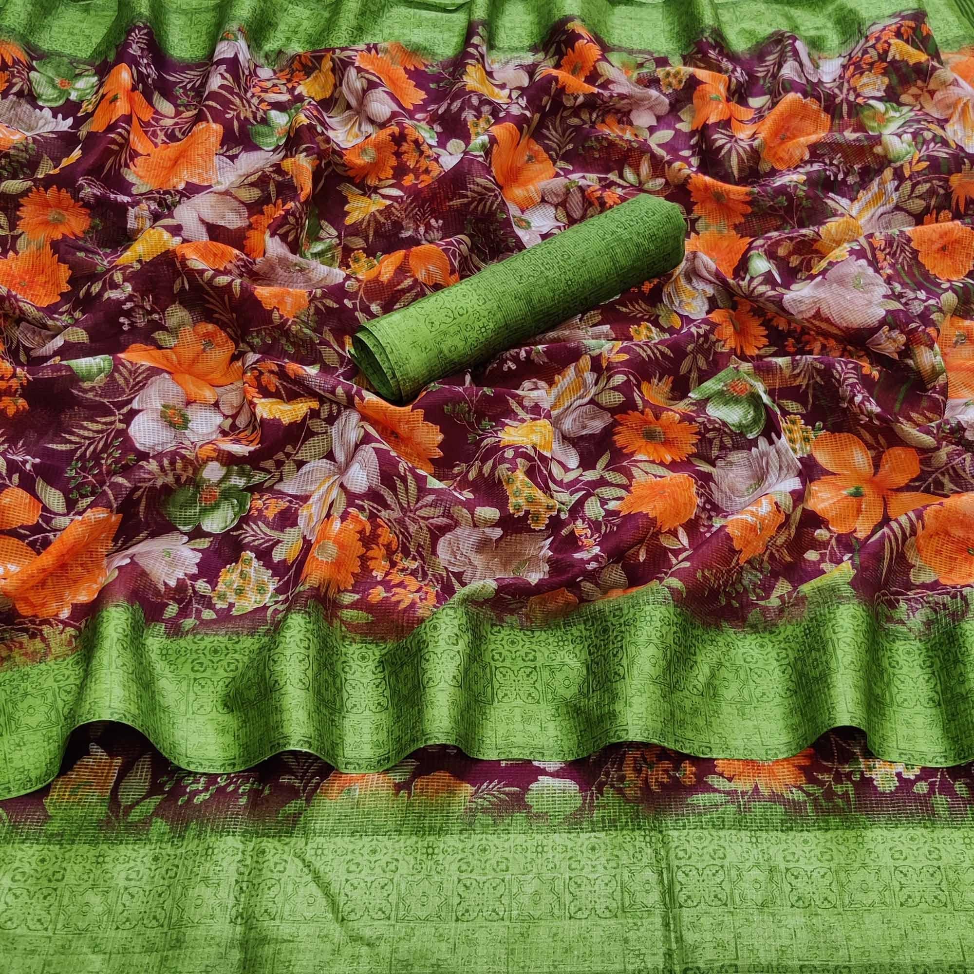 Wine Casual Wear Floral Digital Printed linen Saree - Peachmode