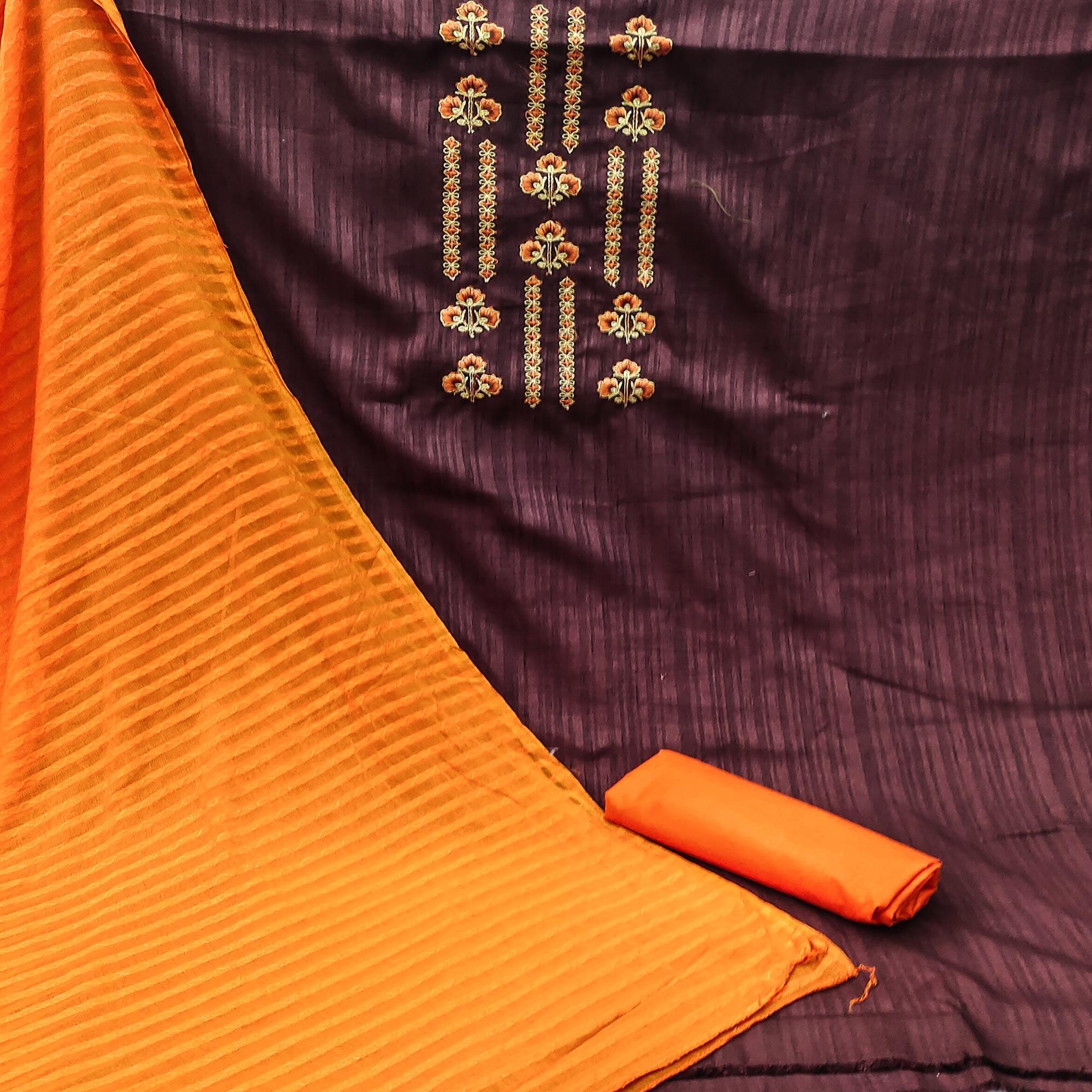 Wine Casual Wear Floral Embroidered Cotton Silk Dress Material - Peachmode