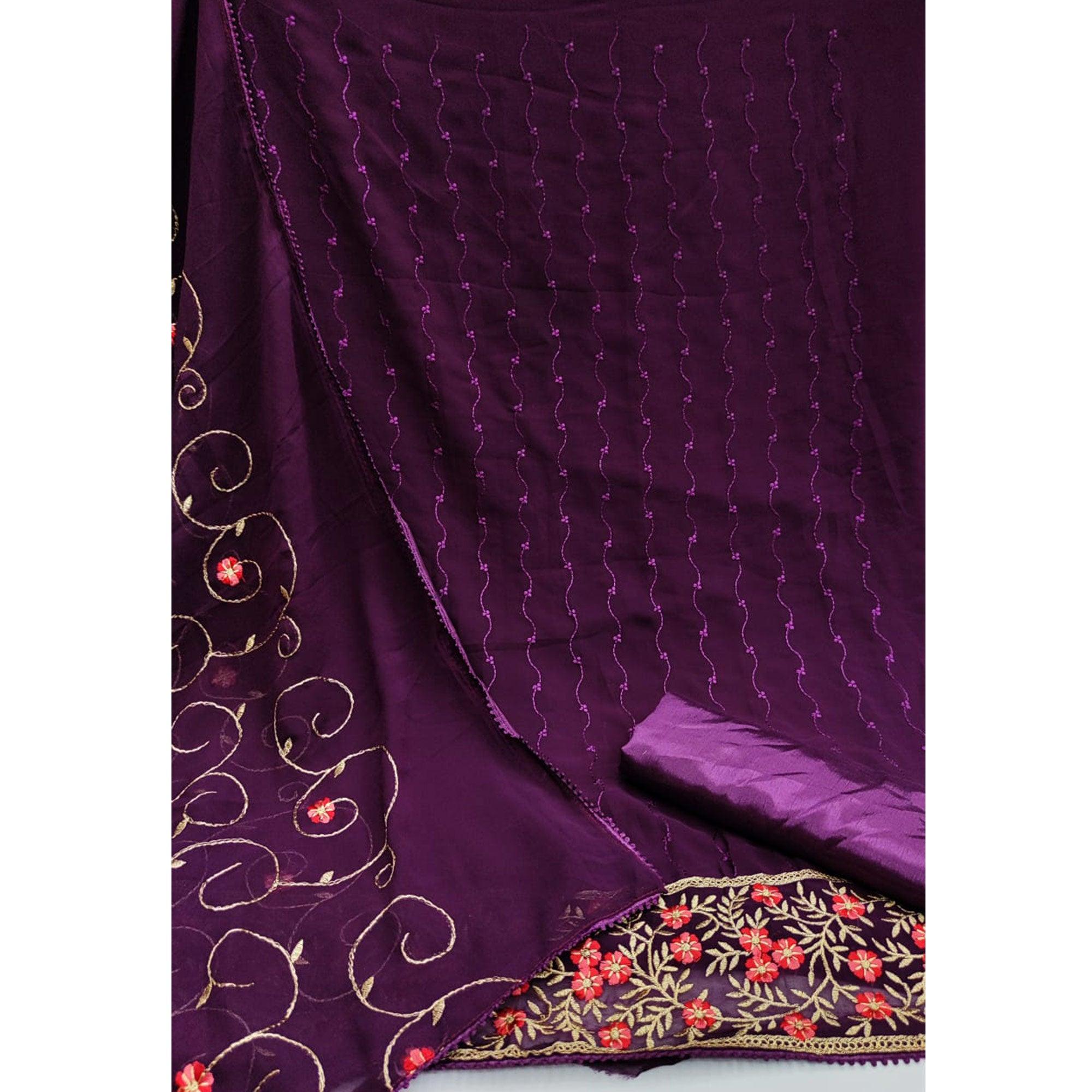 Wine Casual Wear Floral Embroidered Georgette Dress Material - Peachmode
