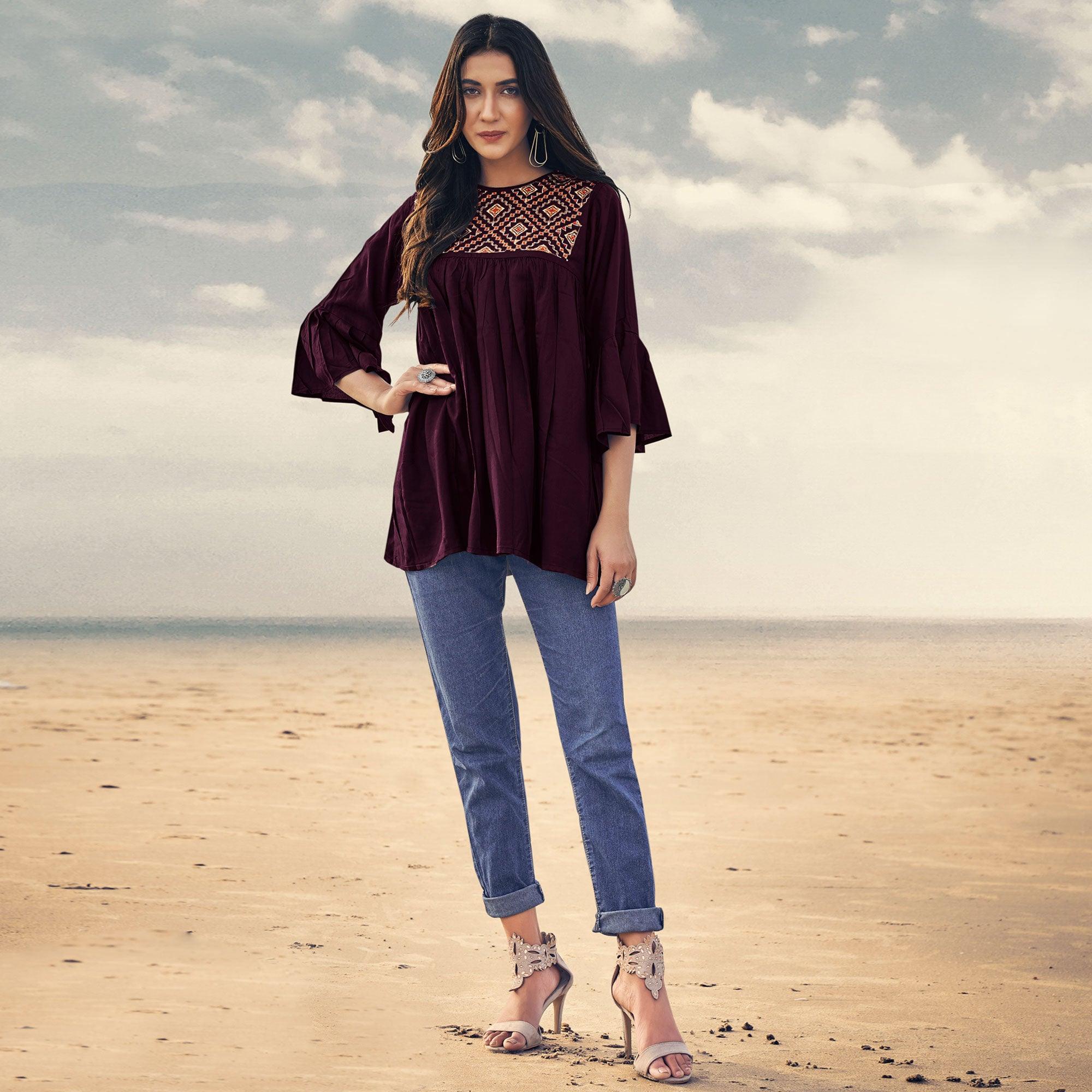 Wine Casual Wear Floral Embroidered Rayon Top - Peachmode