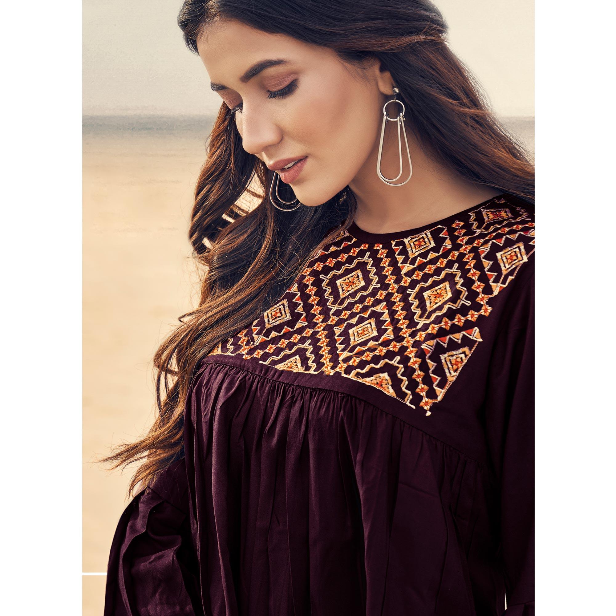 Wine Casual Wear Floral Embroidered Rayon Top - Peachmode