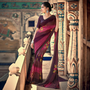 Wine Casual Wear Floral Printed Chiffon Saree With Fancy Blouse - Peachmode