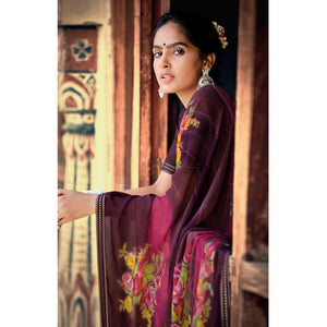 Wine Casual Wear Floral Printed Chiffon Saree With Fancy Blouse - Peachmode