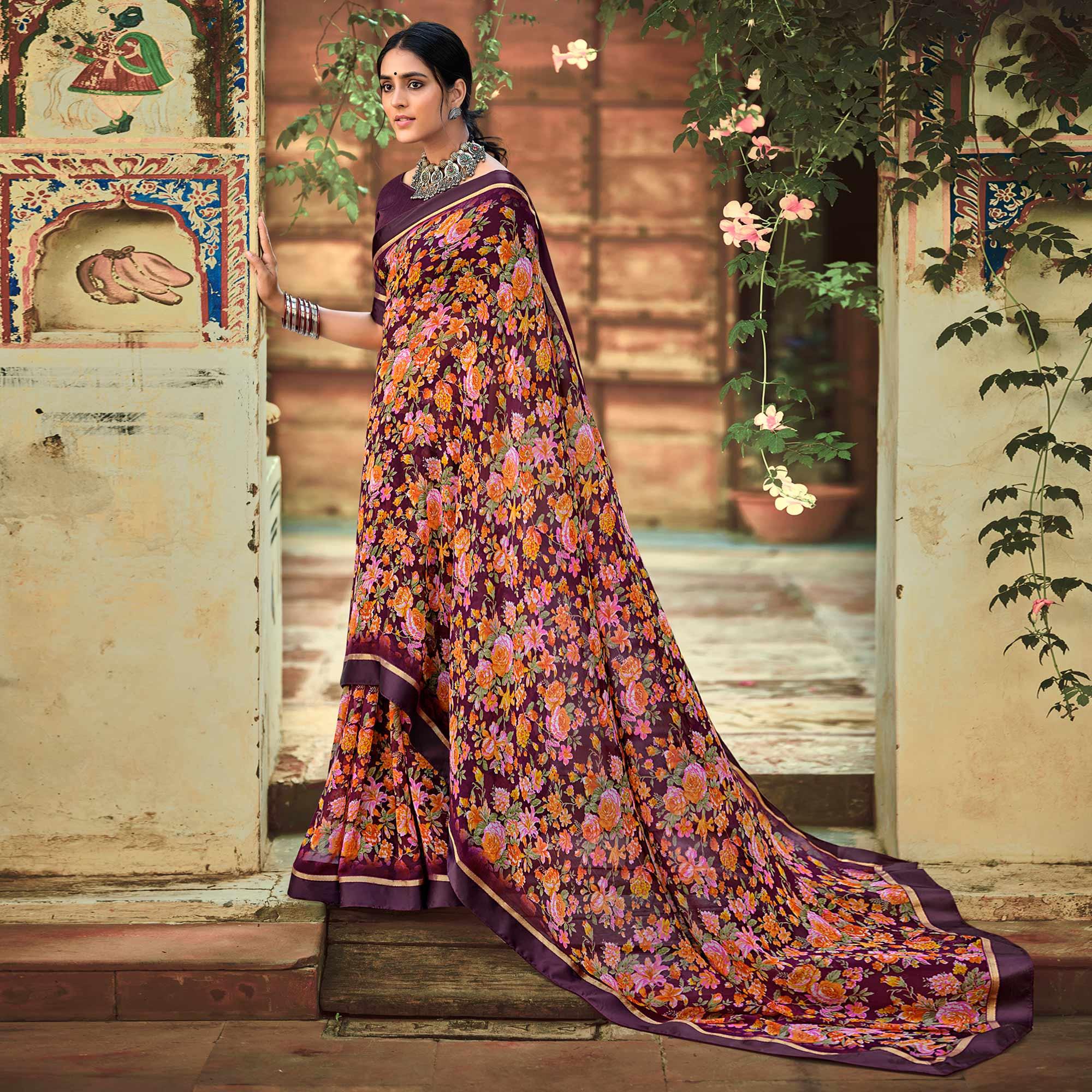 Wine Casual Wear Floral Printed Georgette Saree - Peachmode