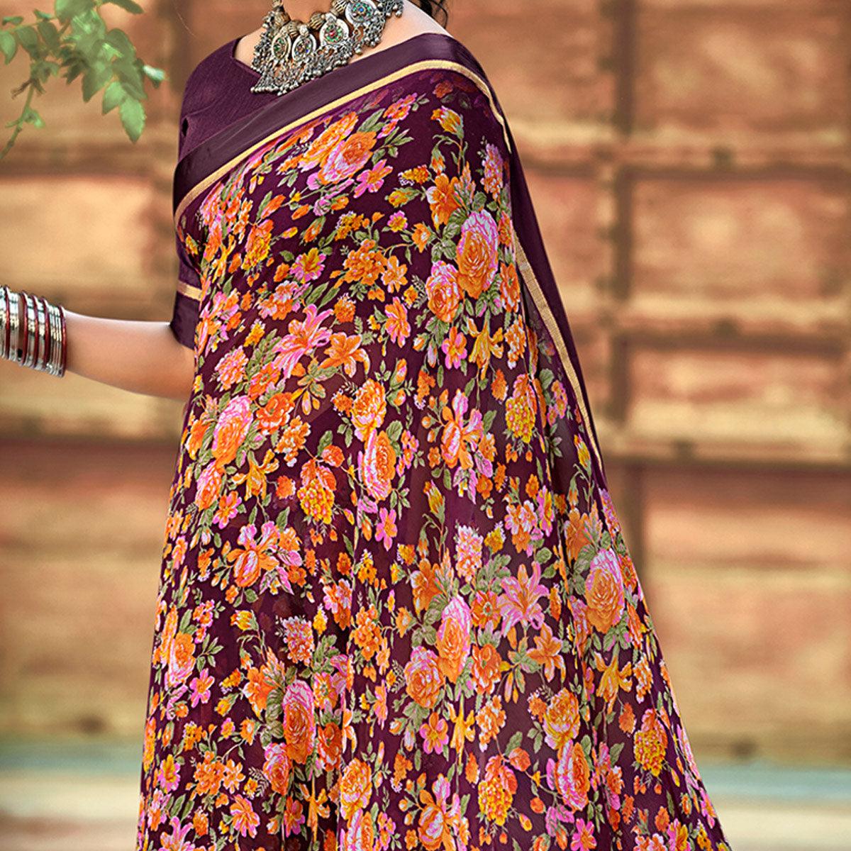 Wine Casual Wear Floral Printed Georgette Saree - Peachmode