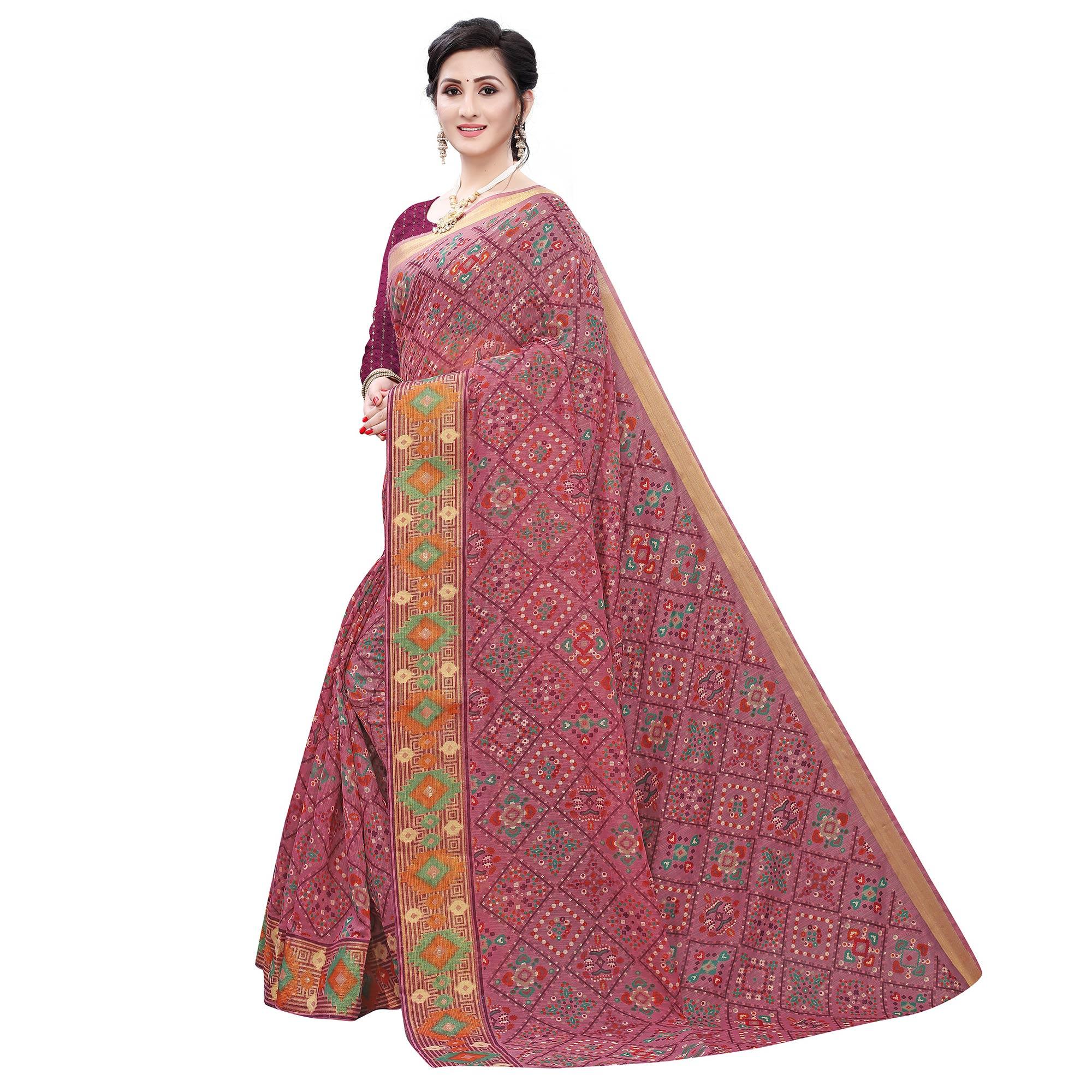 Wine Casual Wear Foil Printed Cotton Silk Saree - Peachmode