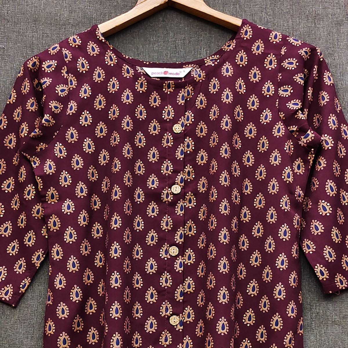 Wine Casual Wear Foil Printed Muslin Top - Peachmode
