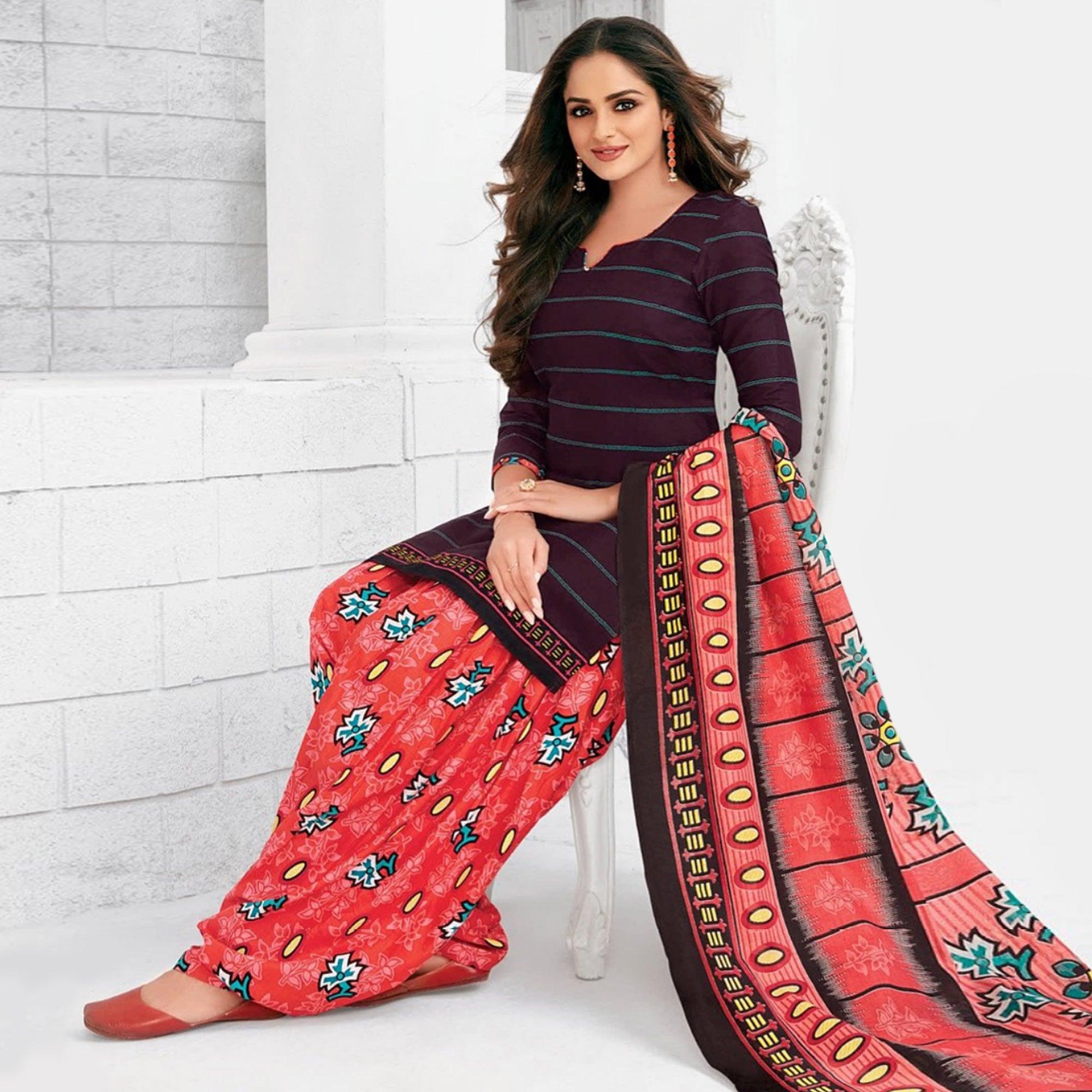Wine Casual Wear horizontal Stripes Printed Stitched Cotton Patiyala Suit With Dupatta - Peachmode