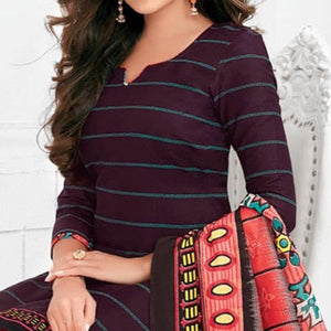 Wine Casual Wear horizontal Stripes Printed Stitched Cotton Patiyala Suit With Dupatta - Peachmode