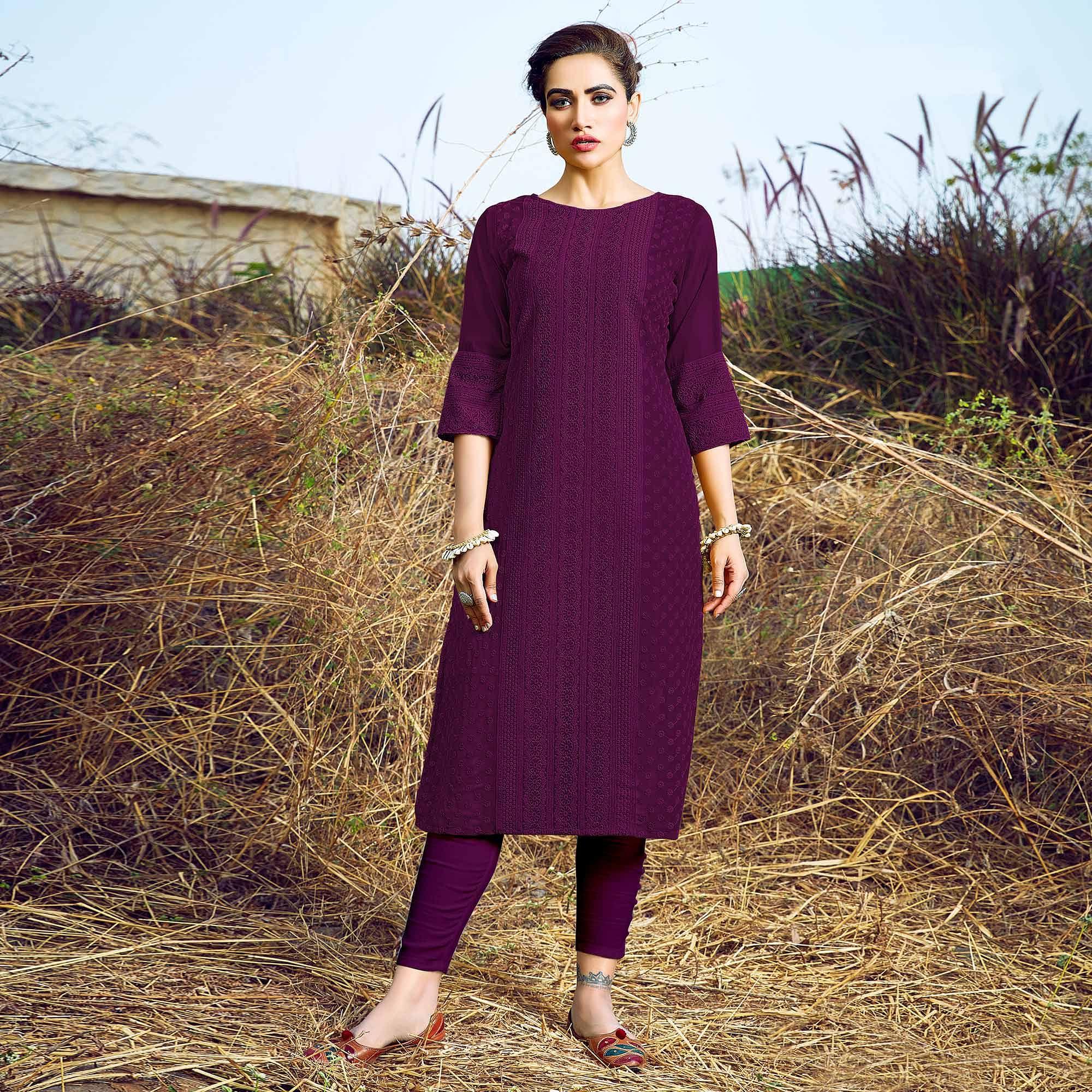 Wine Casual Wear Lucknowi Embroidered Georgette Kurti - Peachmode
