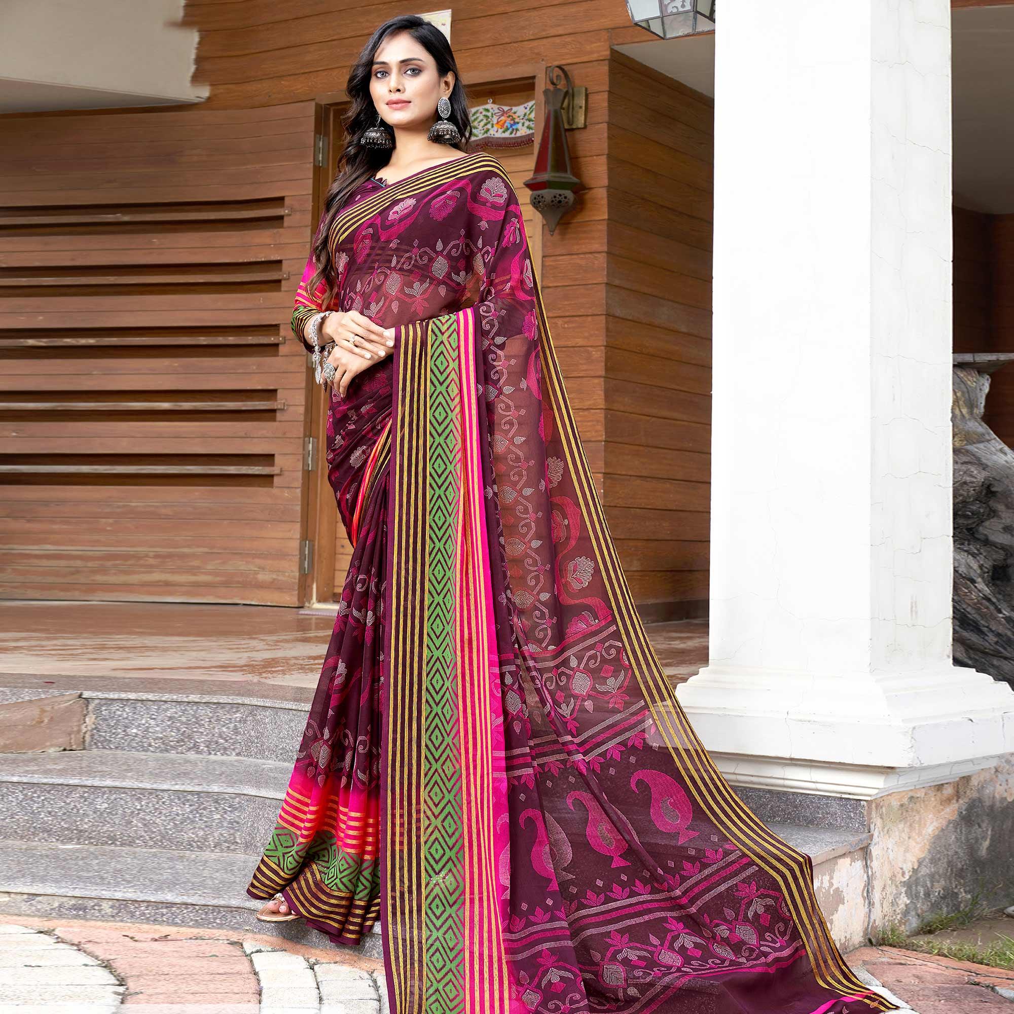 Wine Casual Wear Printed Chiffon Saree - Peachmode