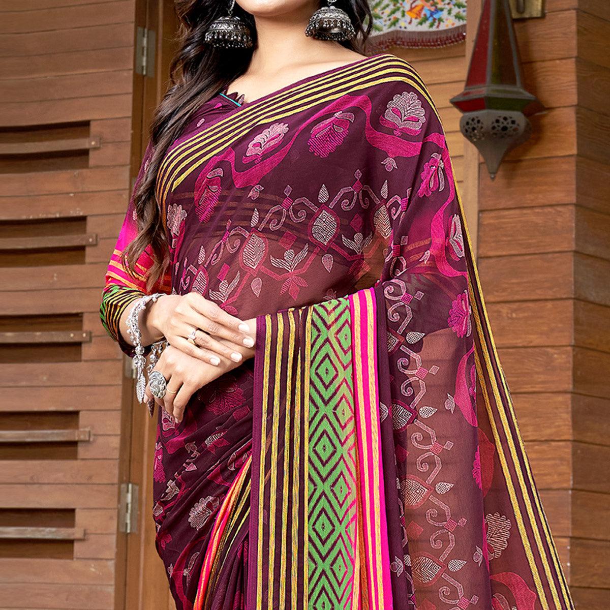 Wine Casual Wear Printed Chiffon Saree - Peachmode
