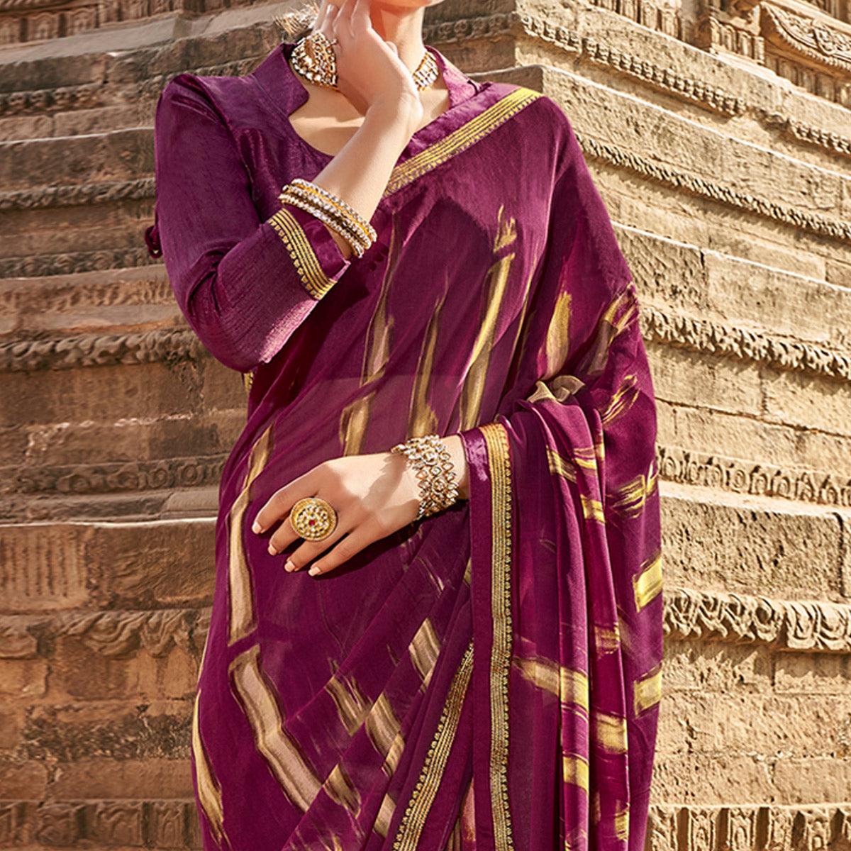 Wine Casual Wear Printed Georgette Saree With Fancy Lace - Peachmode