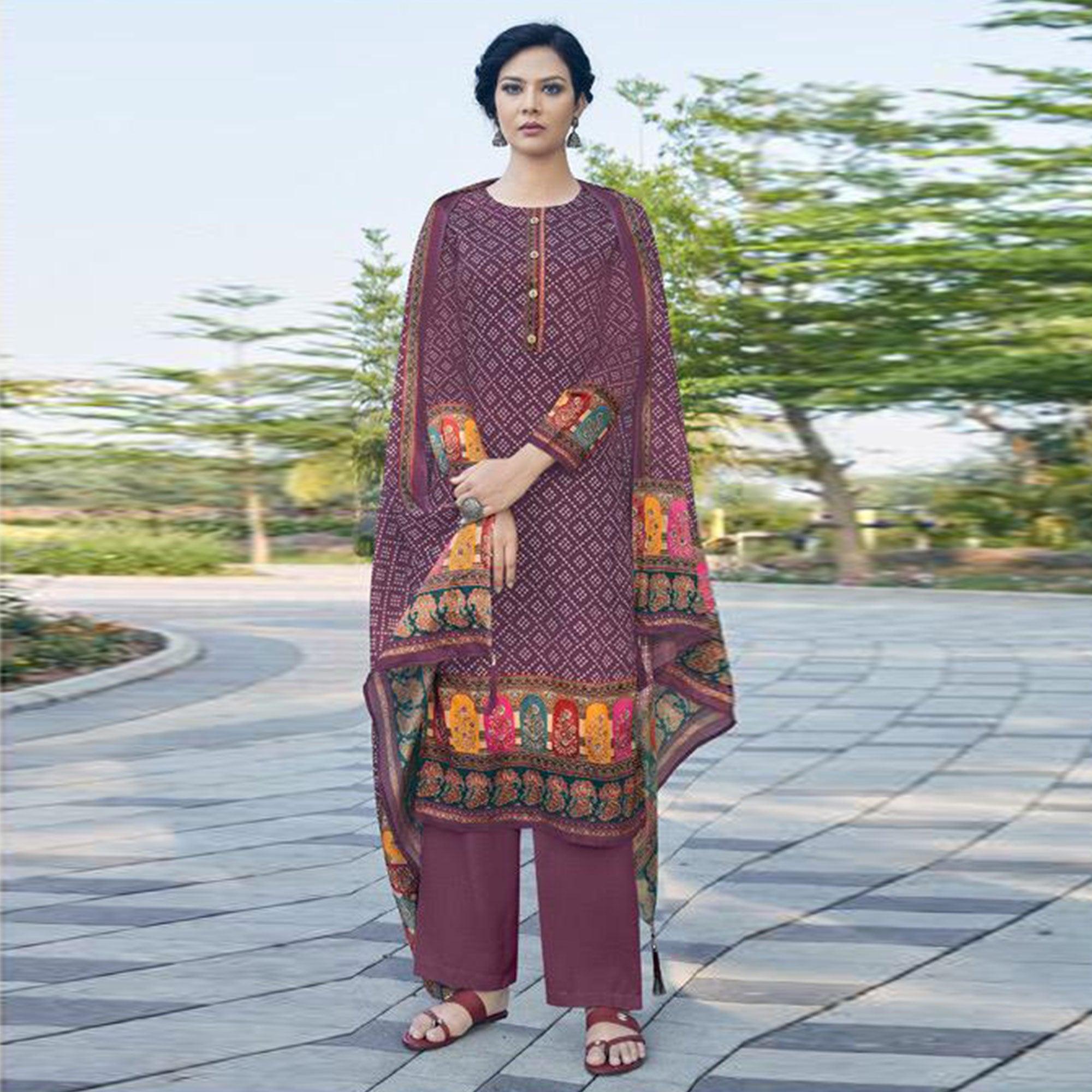 Wine Casual Wear Printed Jam Satin Suit - Peachmode