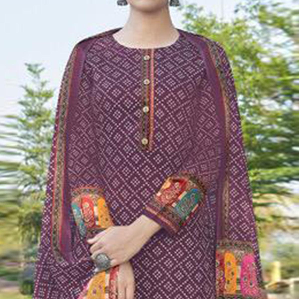 Wine Casual Wear Printed Jam Satin Suit - Peachmode