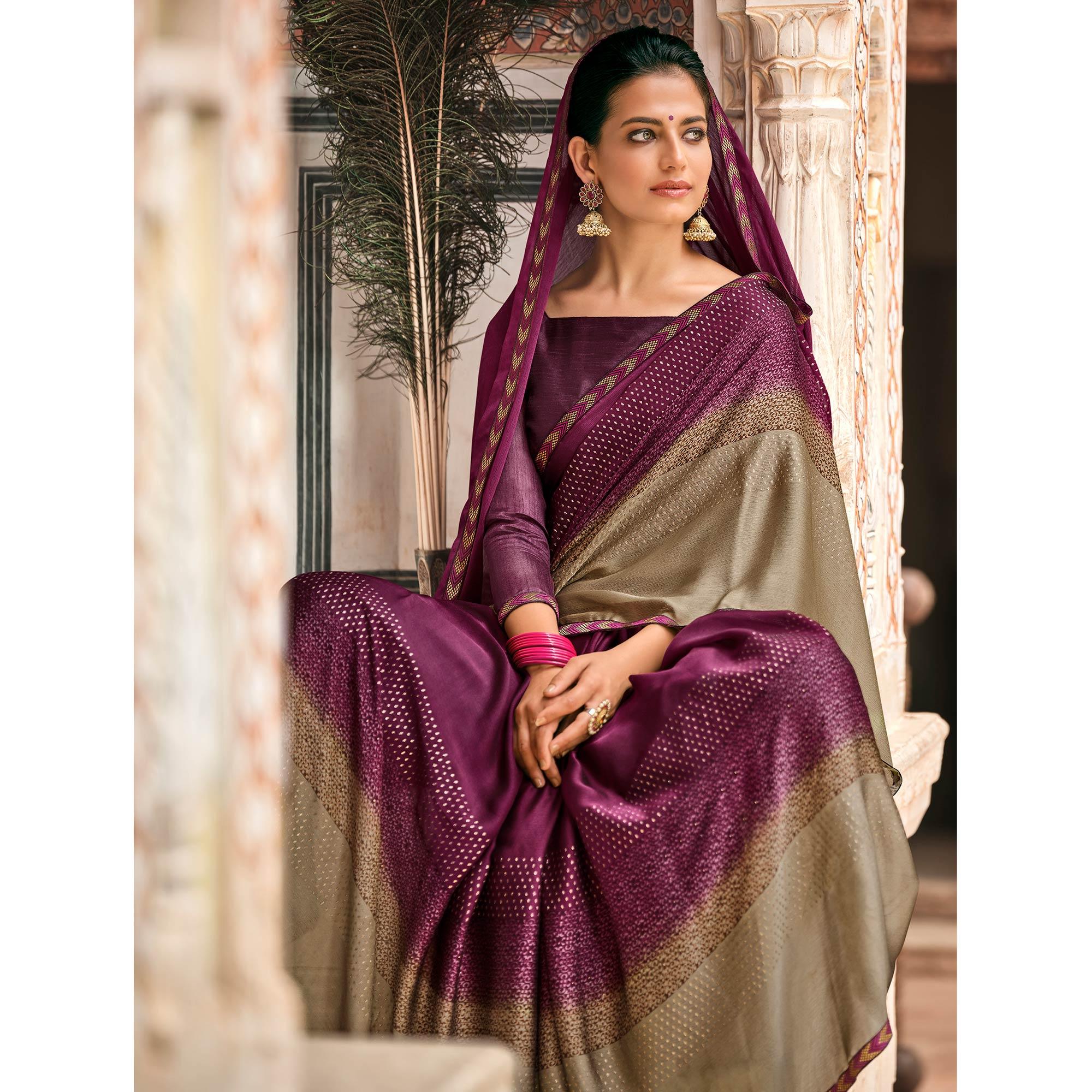Wine Casual Wear Printed Moss Saree With Fancy Zari Border - Peachmode