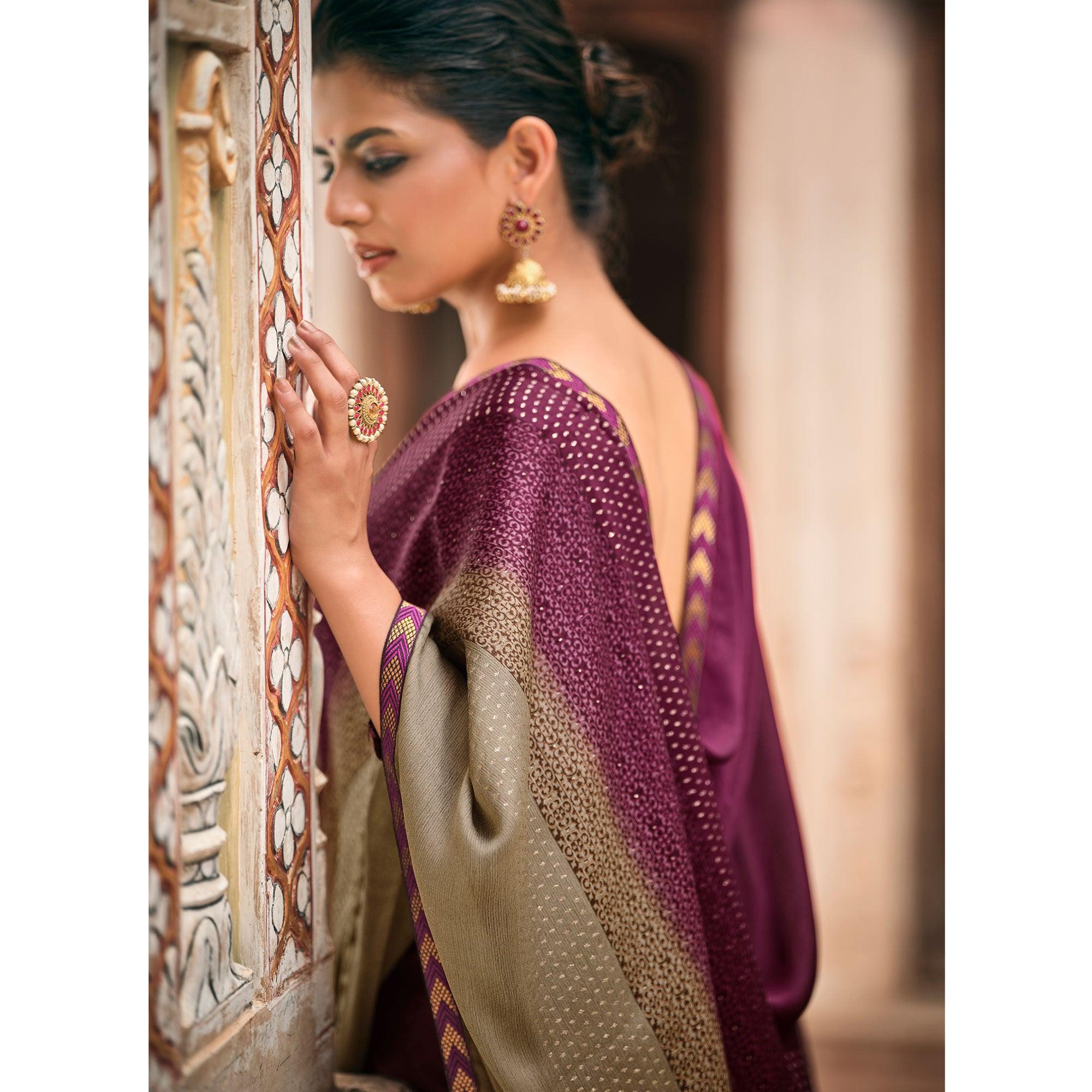 Wine Casual Wear Printed Moss Saree With Fancy Zari Border - Peachmode