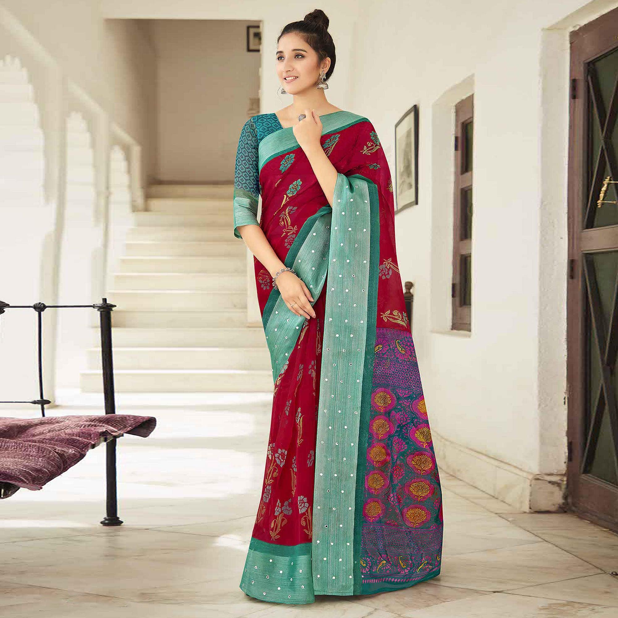 Wine Casual Wear Printed Organza Saree With Border - Peachmode