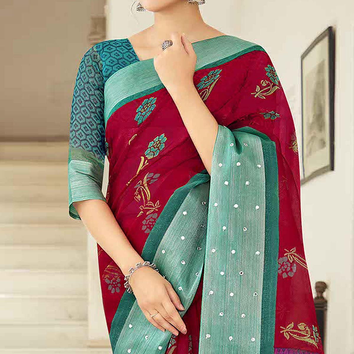 Wine Casual Wear Printed Organza Saree With Border - Peachmode
