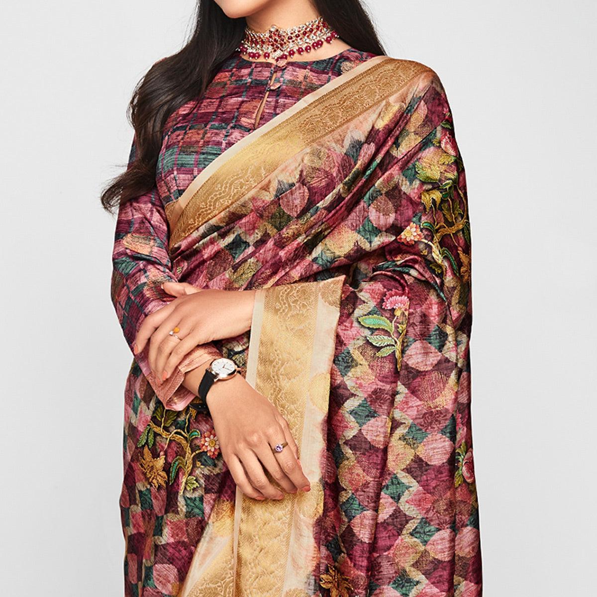 Wine Casual Wear Printed Soft Art Silk Saree - Peachmode