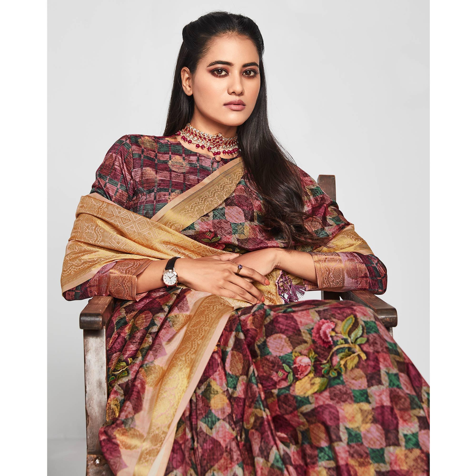 Wine Casual Wear Printed Soft Art Silk Saree - Peachmode