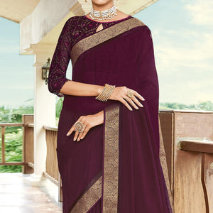 Wine Casual Wear Solid Chiffon Saree - Peachmode