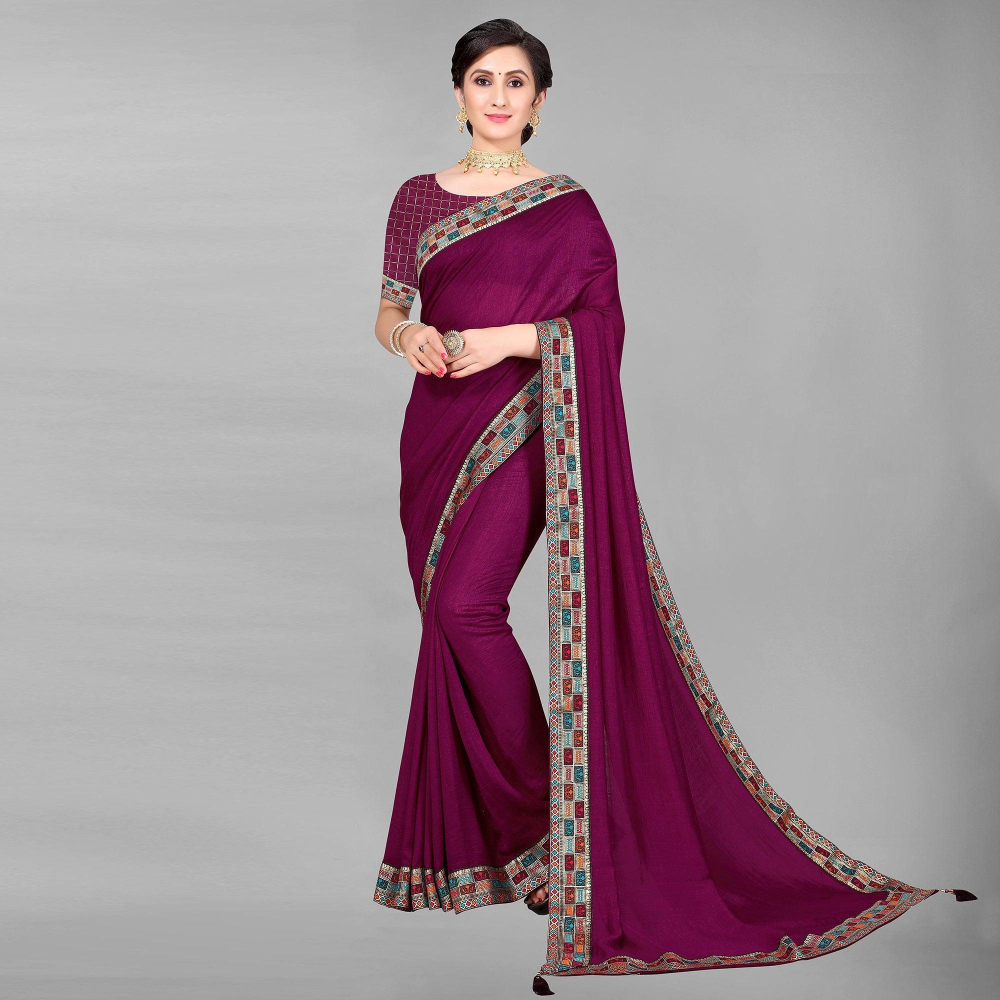 Wine Casual Wear Solid Silk Saree - Peachmode