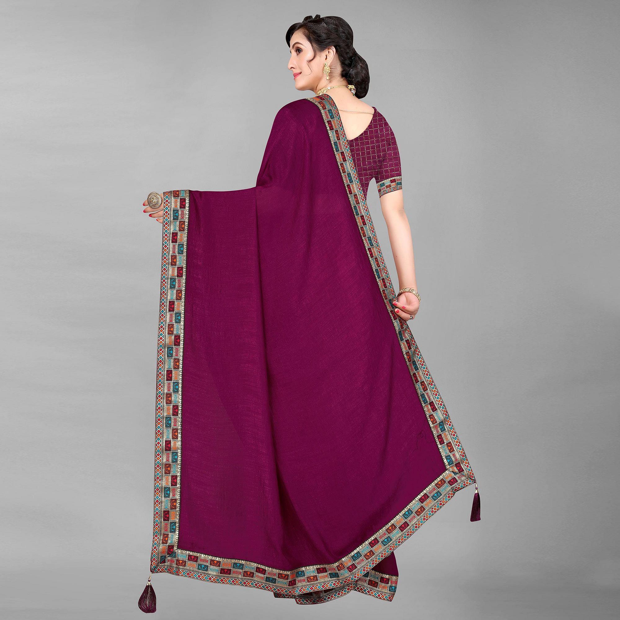 Wine Casual Wear Solid Silk Saree - Peachmode