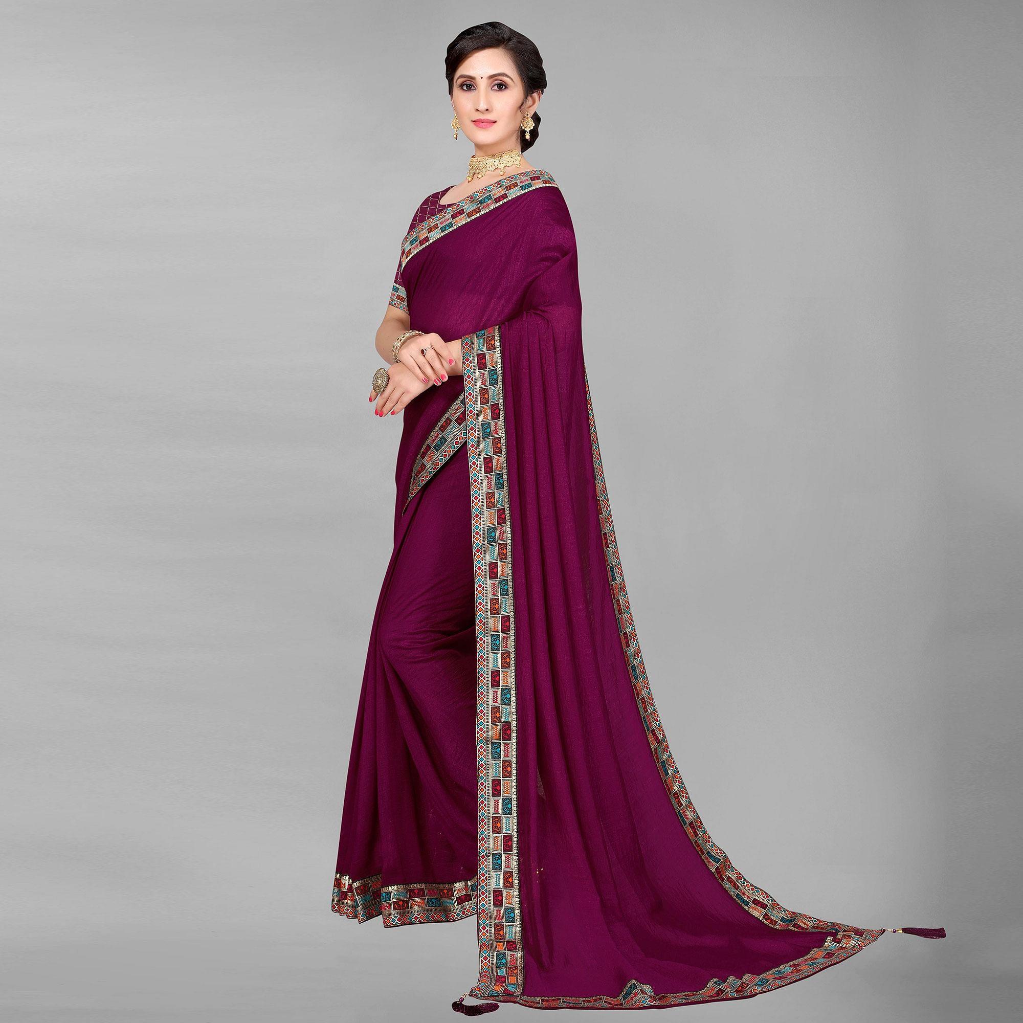 Wine Casual Wear Solid Silk Saree - Peachmode