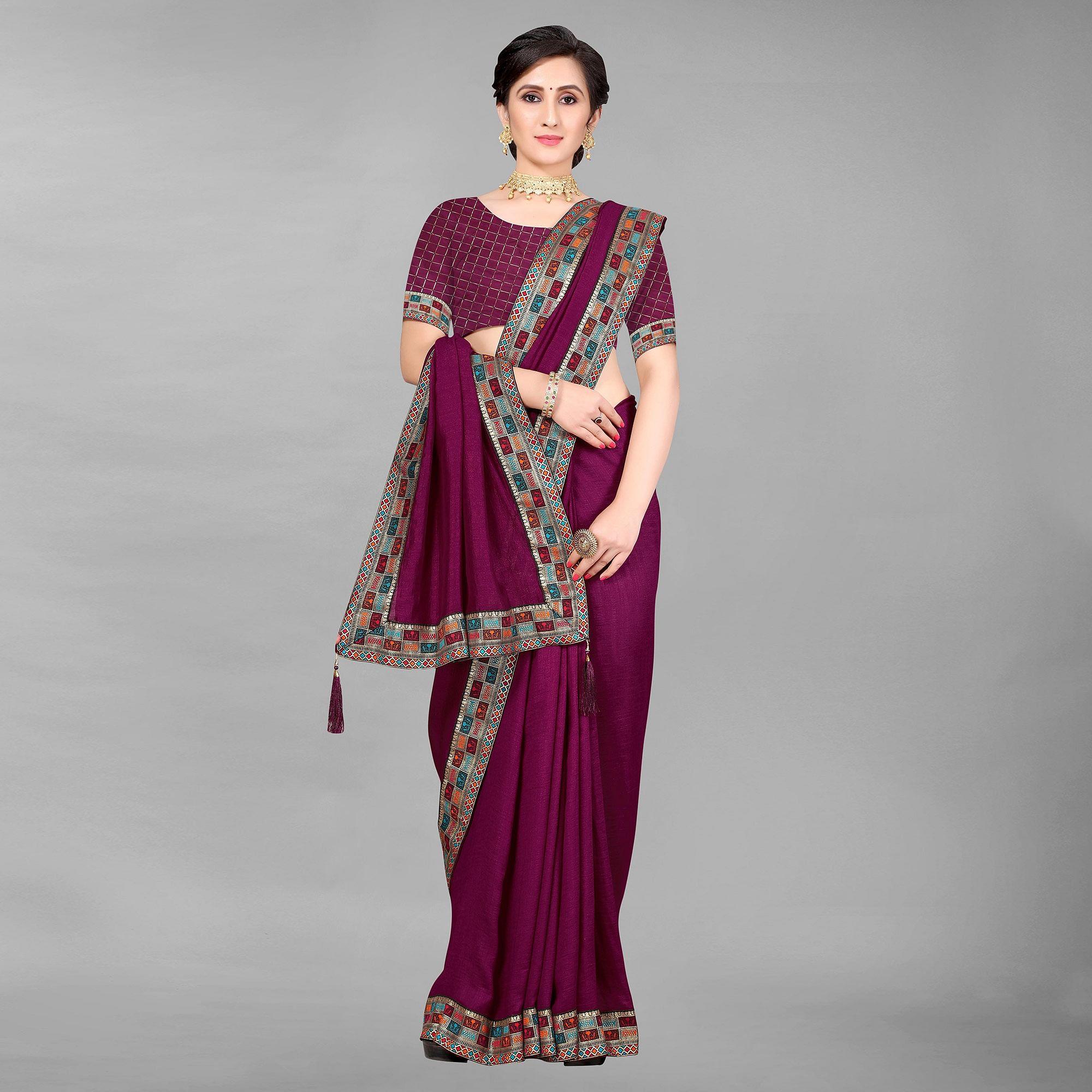 Wine Casual Wear Solid Silk Saree - Peachmode