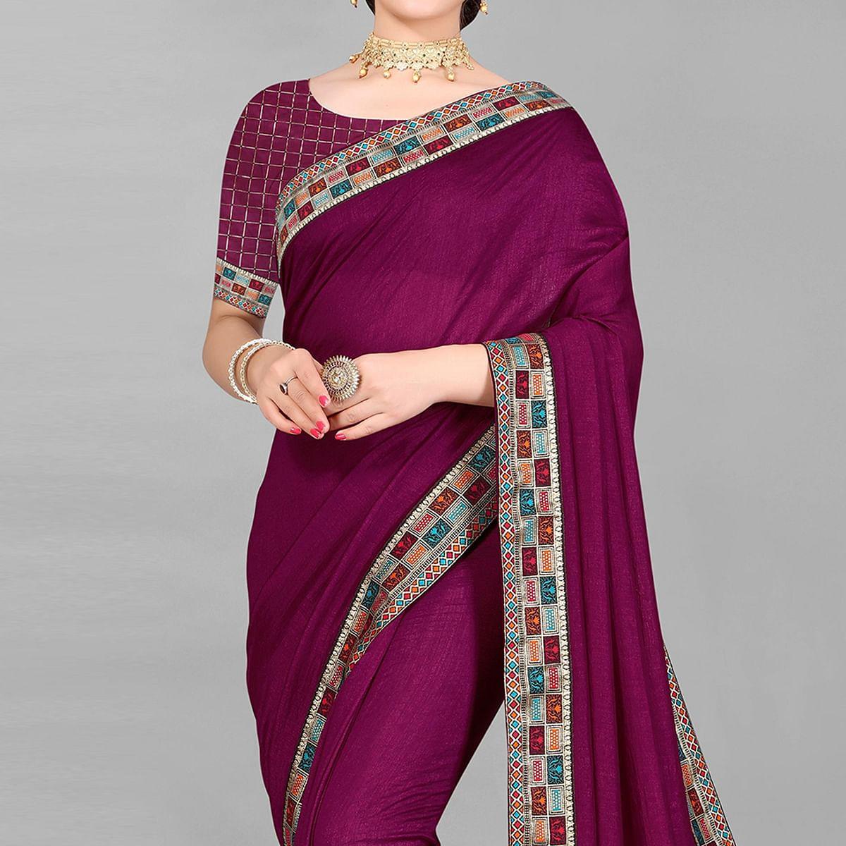 Wine Casual Wear Solid Silk Saree - Peachmode