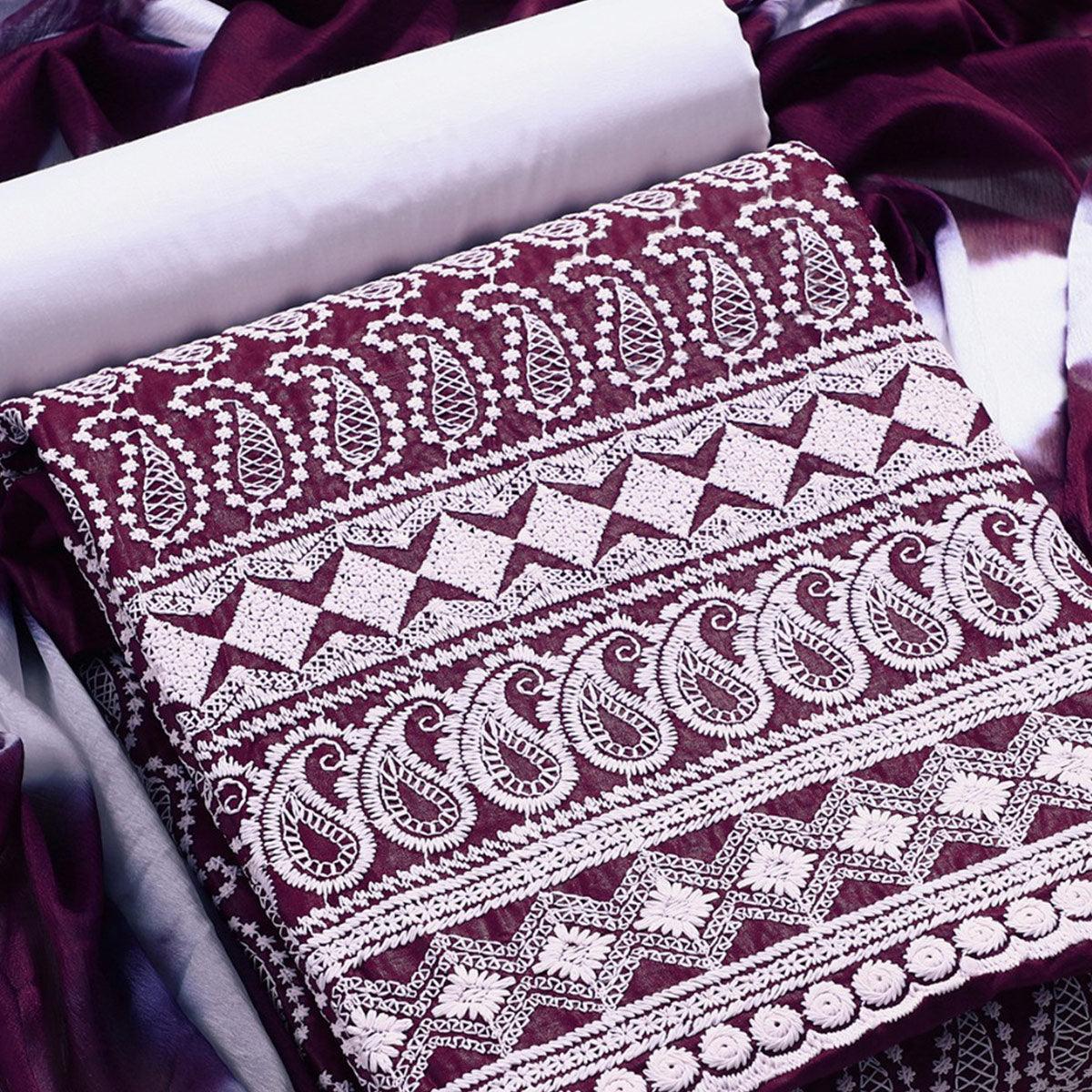 Wine Chikankari Work Poly Cotton Dress Material - Peachmode