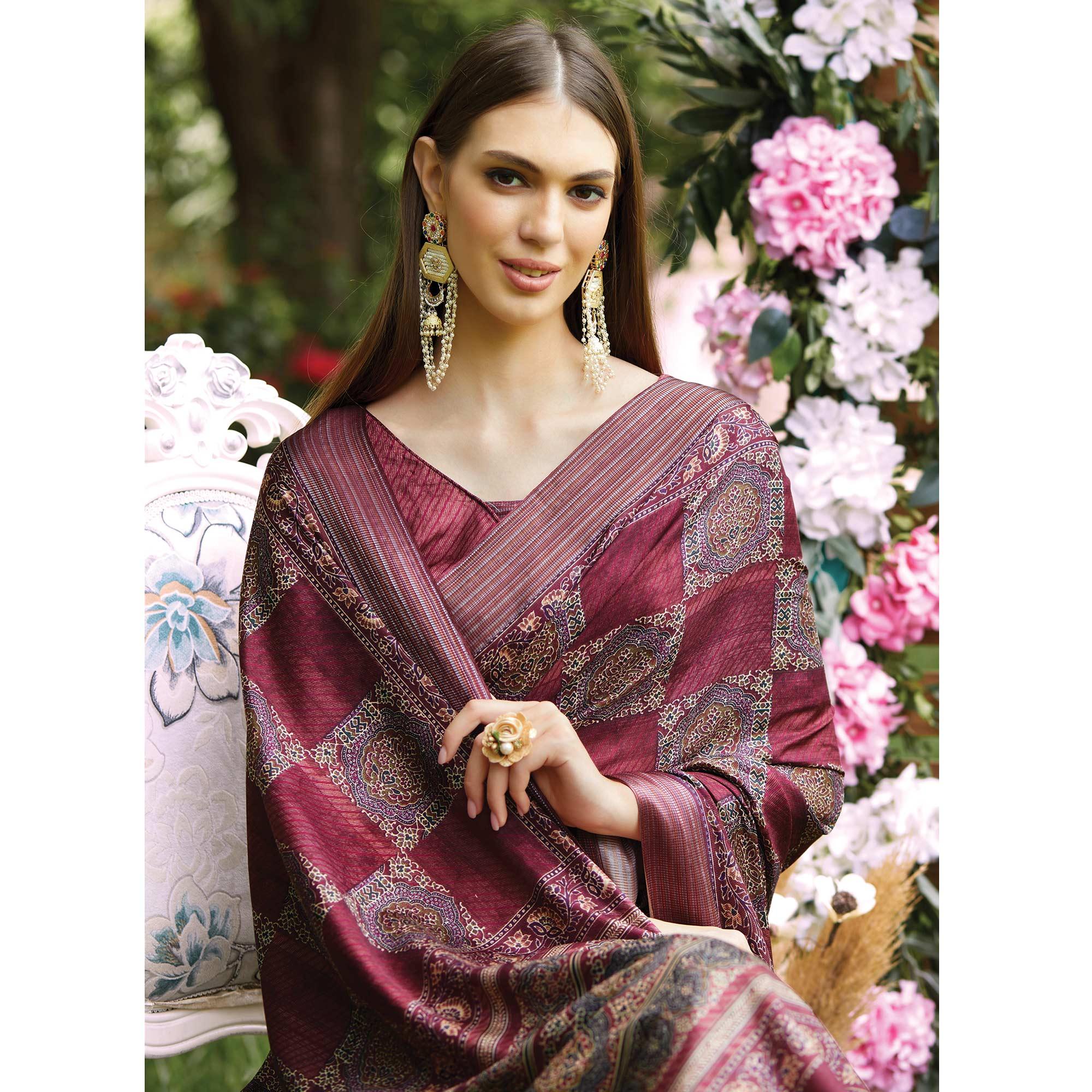 Wine Digital Printed Art Silk Saree - Peachmode