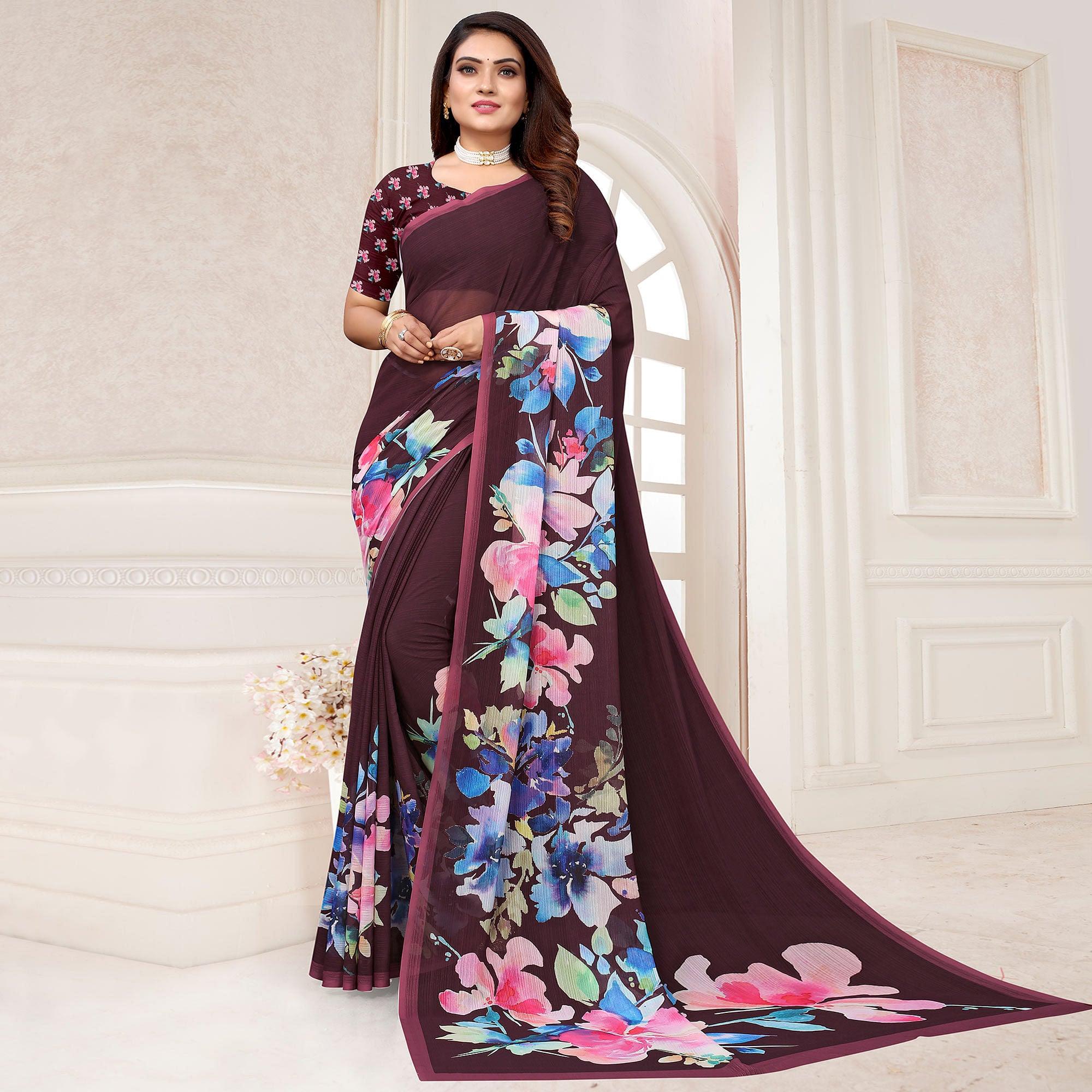 Wine Digital Printed Georgette Saree - Peachmode
