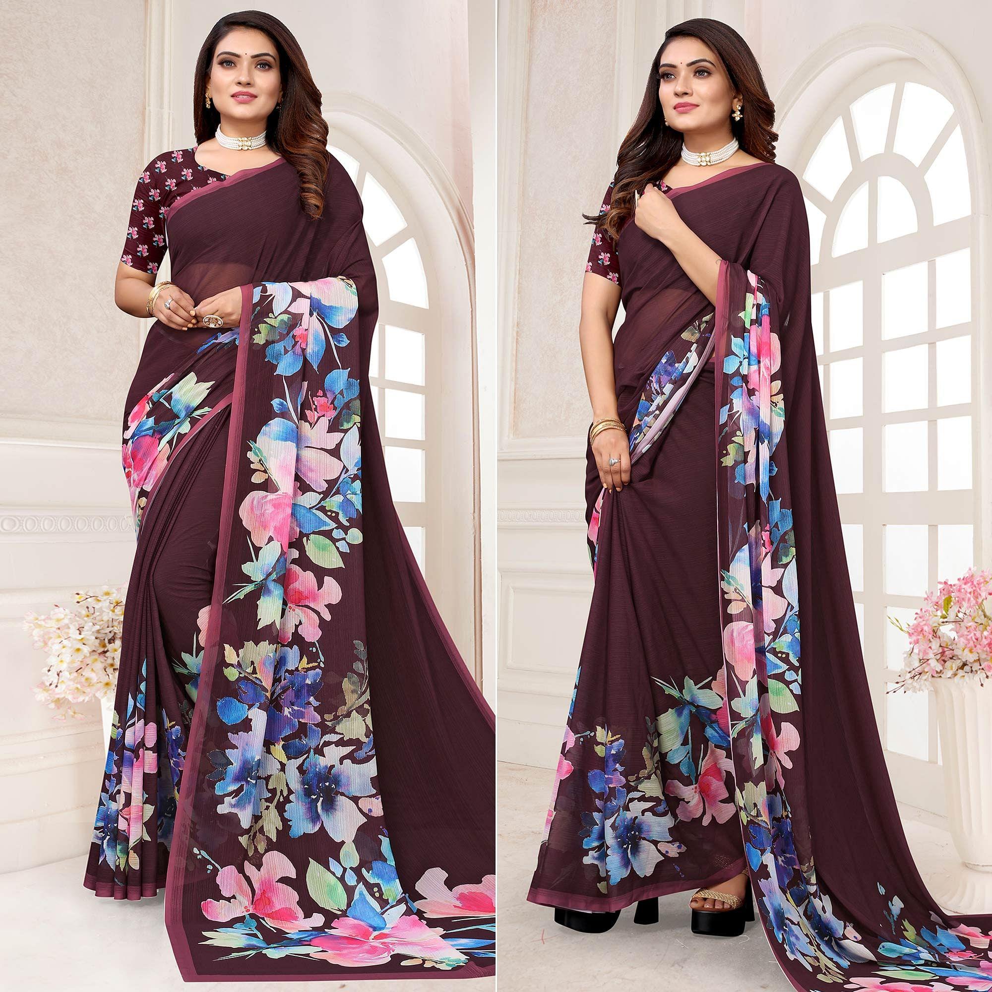 Wine Digital Printed Georgette Saree - Peachmode
